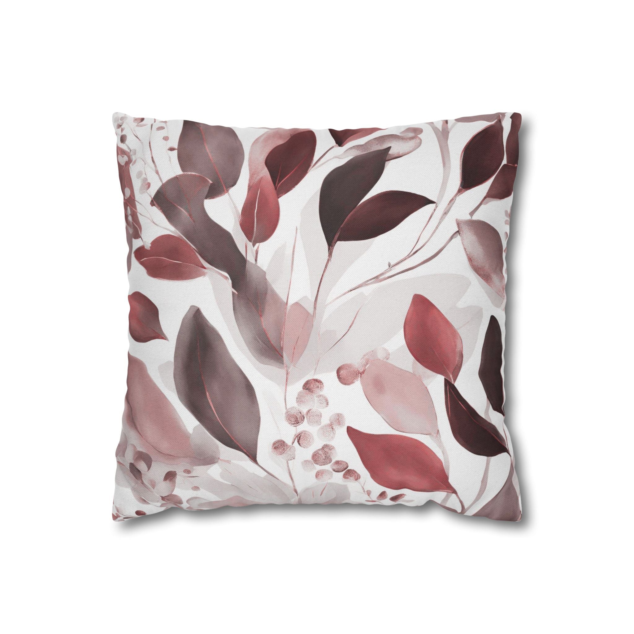 Boho Floral Throw Pillow Cover; Burgundy Red Watercolor Leaves Couch Cushion