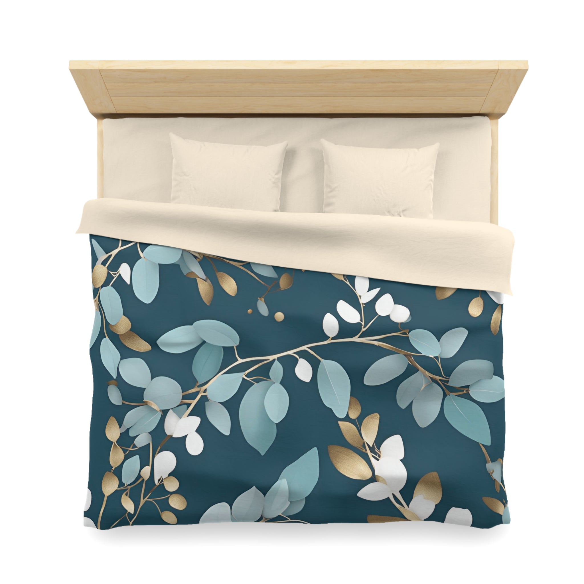 Floral Duvet Cover | Navy, Blue Muted Gold Beige, White Eucalyptus Leaves Bedding Decor | Bedroom Decor