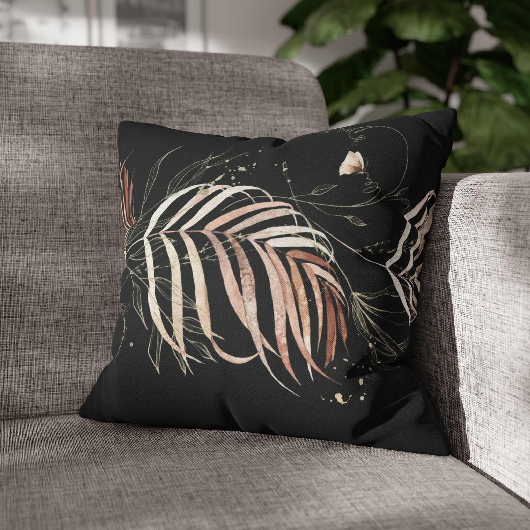 Black Floral Pillow Cover | Beige Leaves
