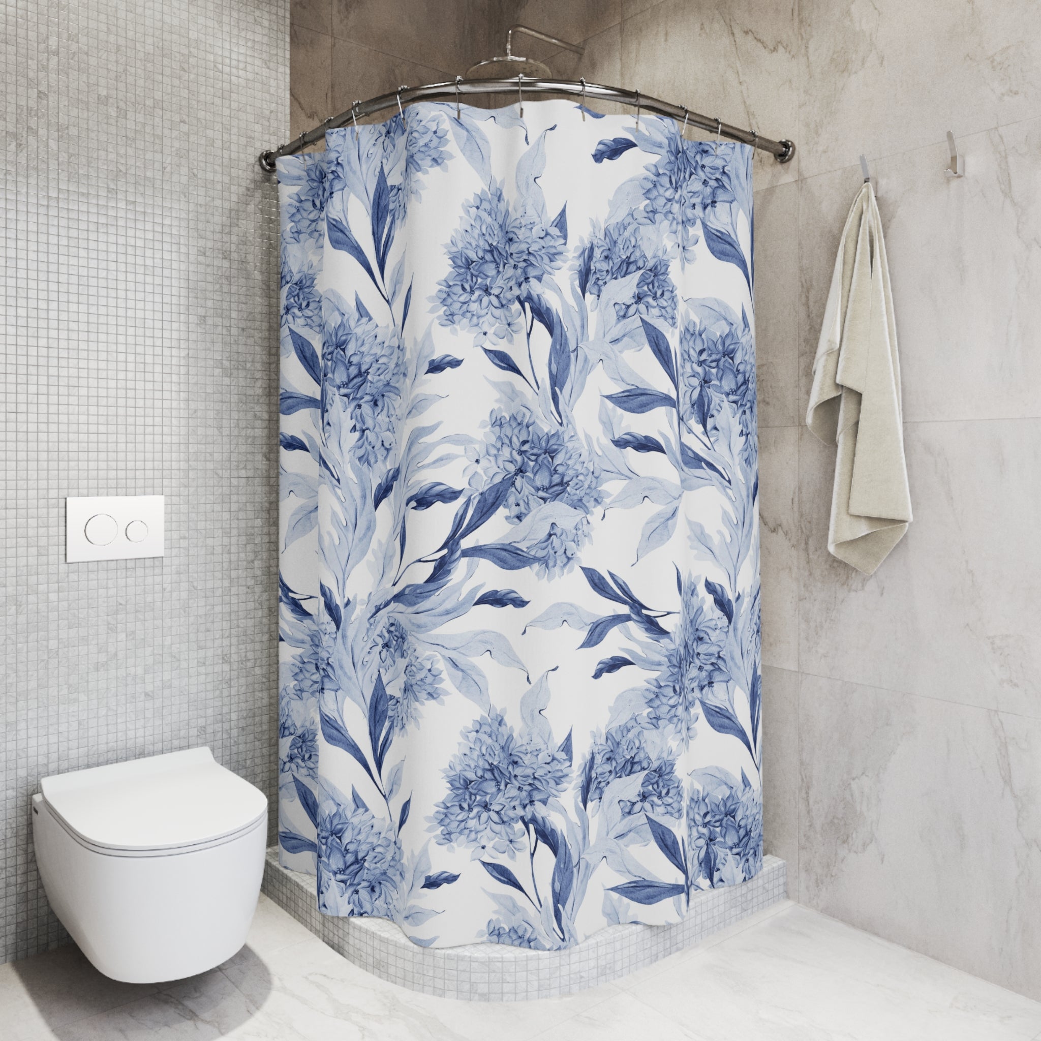 Floral Shower Curtain | Blue White Tropical Leaves Bathroom Decor