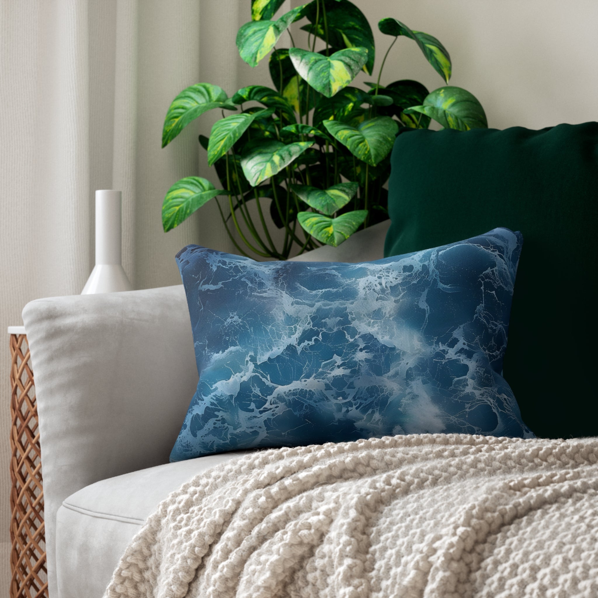Ocean Blue Lumbar Pillow | Beach Coastal Decor, Watercolor