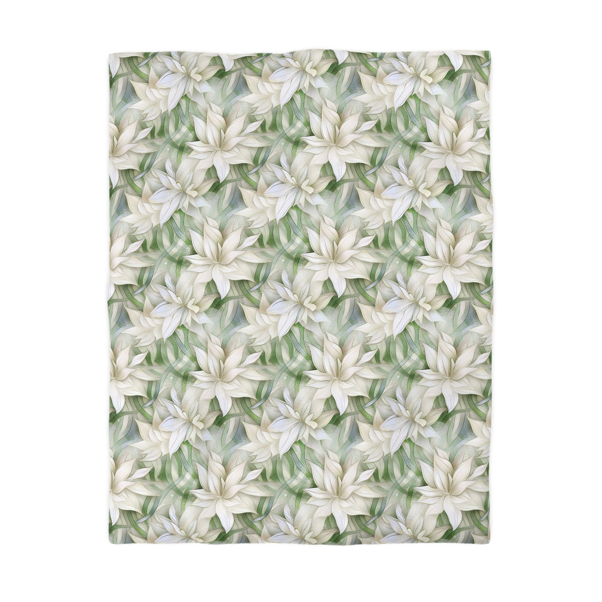 a repeating pattern of white flowers with green leaves, creating a visually appealing and harmonious design.