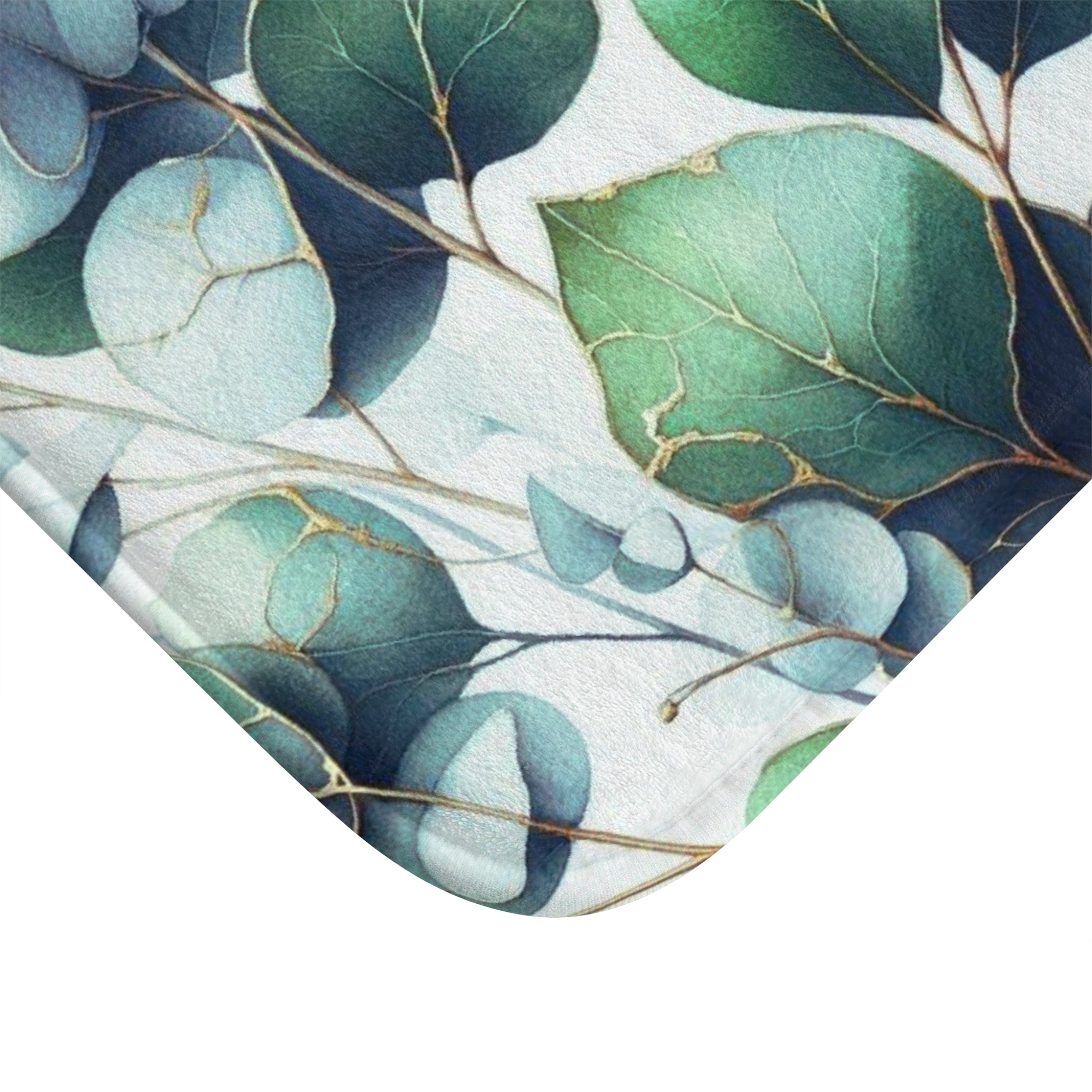 Floral Bath Mat, Kitchen Mat | Forest Green, Pale Blue Eucalyptus Leavea