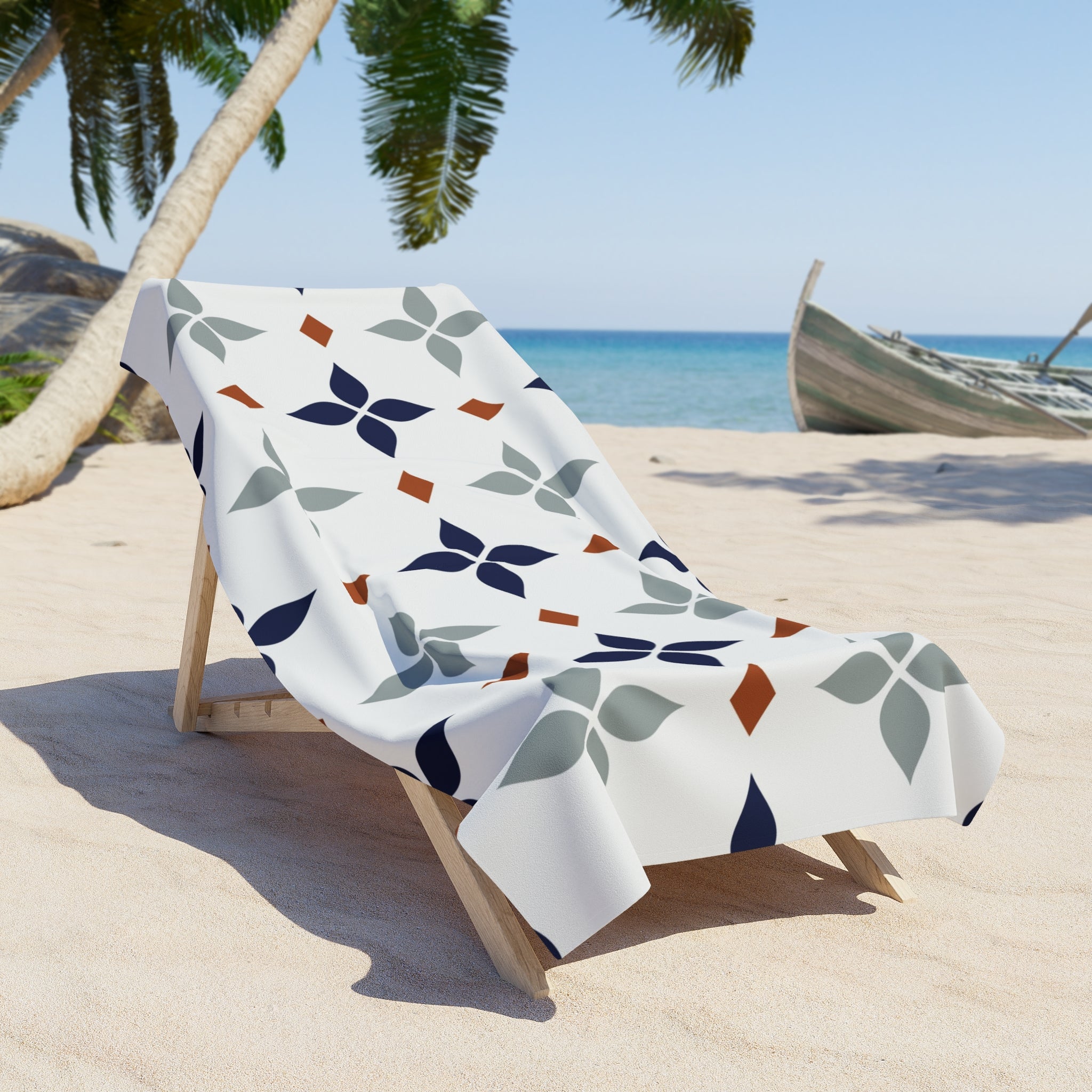 Retro Bath, Beach Towel | Vintage Art Deco, Nouveau White, Navy Blue, Grey