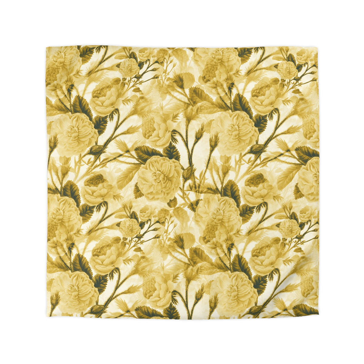 a square-shaped floral print with a repeating pattern of yellow flowers and green leaves.
