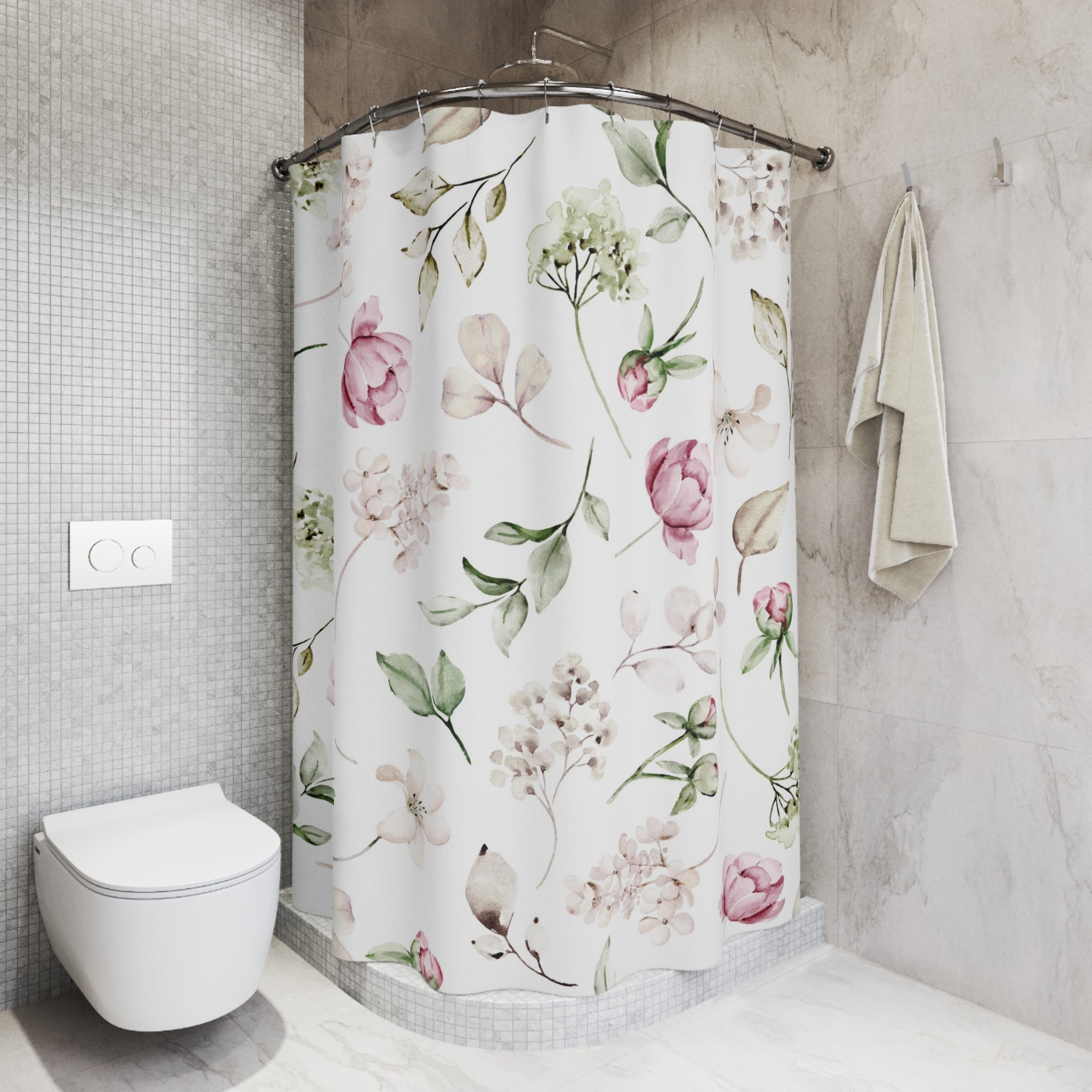 Boho Floral Shower Curtain | White Sage Green, Blush Pink Peonies