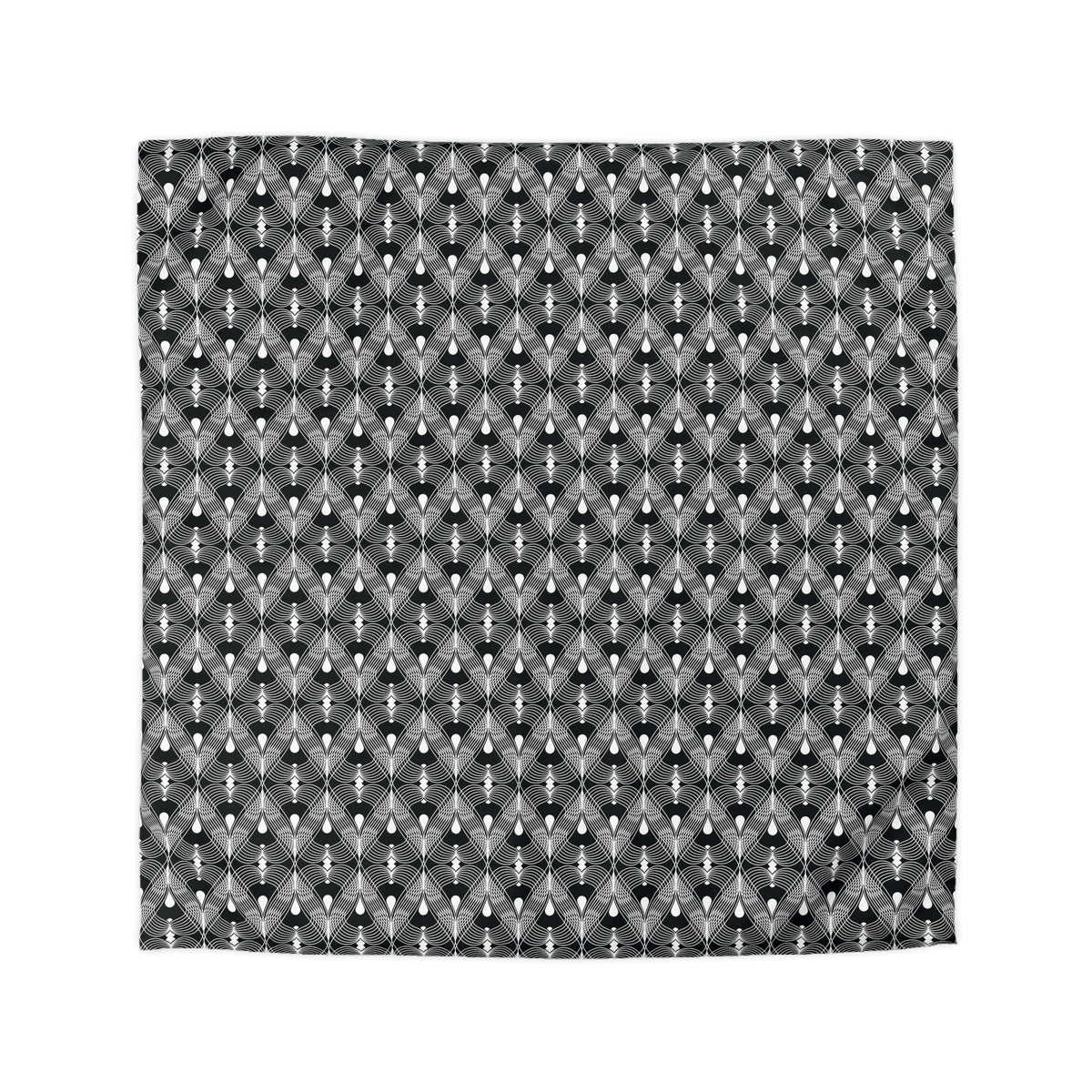 a repeating pattern of black and white geometric shapes, creating a visually striking and symmetrical design.