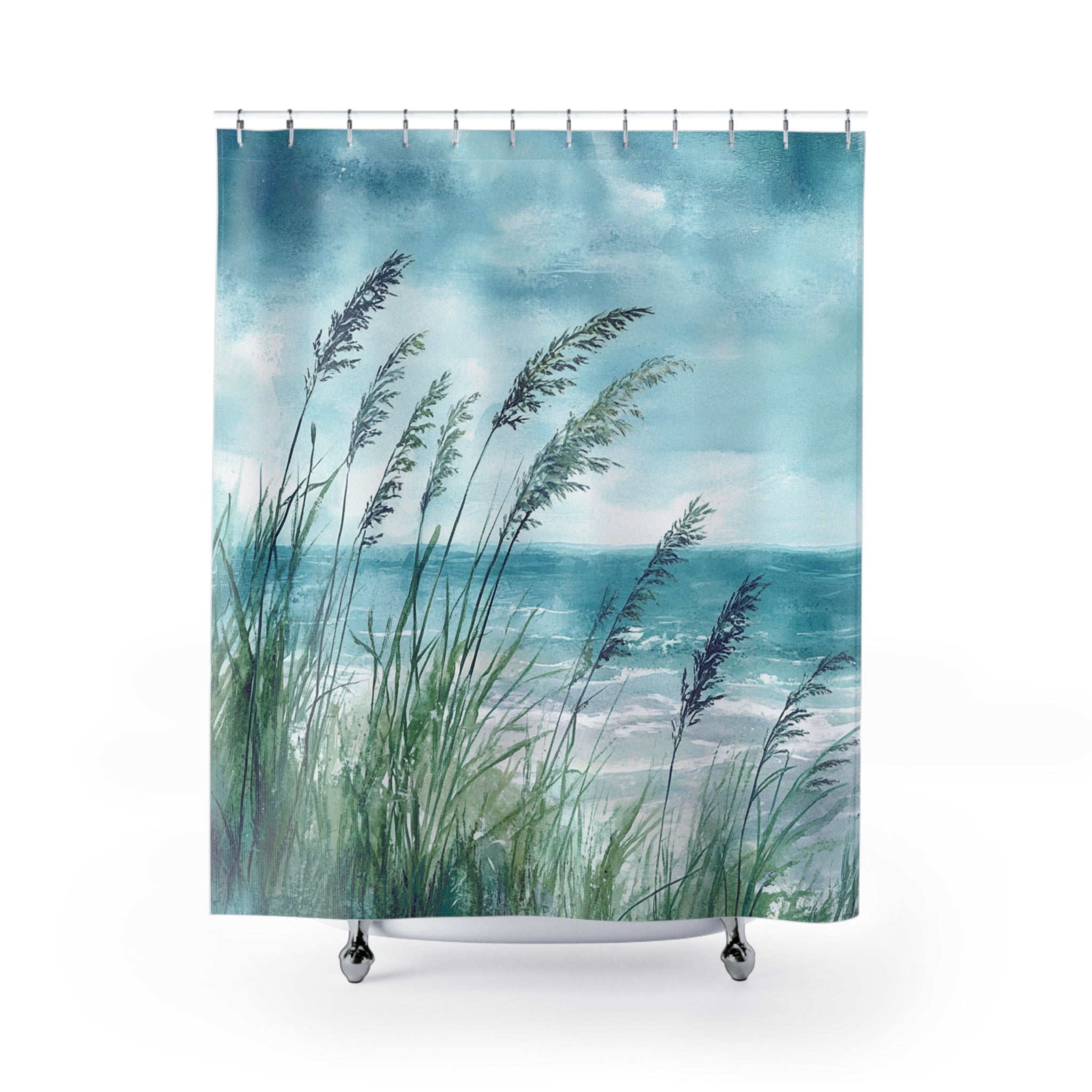 Boho Shower Curtain | Blue Sky Ocean, Green Wild Nature