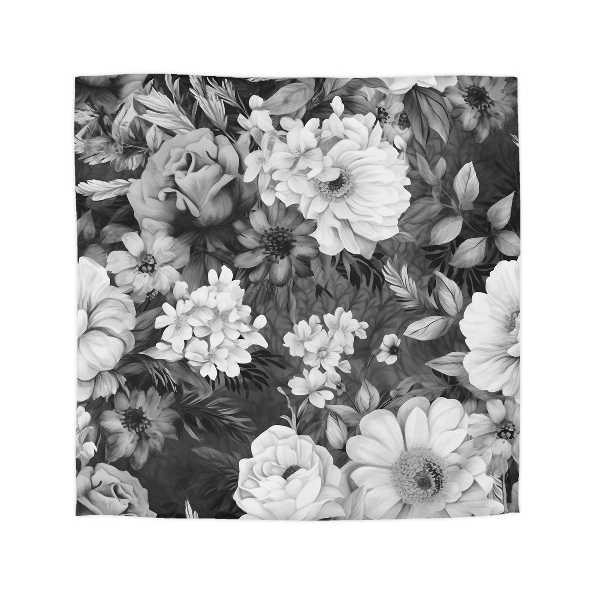 Black White Vintage Floral Duvet Cover | Grey Peony Rose Bedding