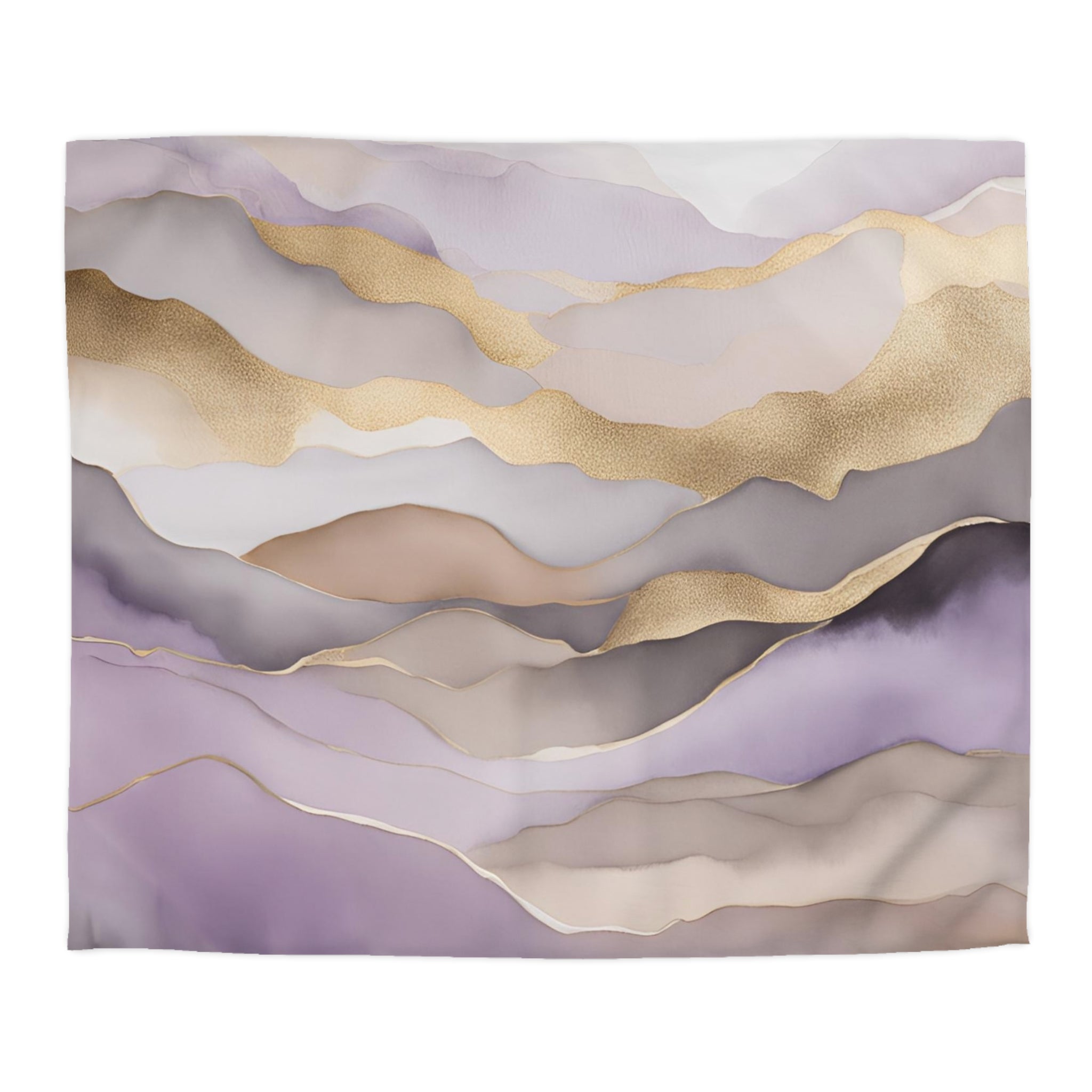 The image is a vibrant abstract painting featuring a variety of colors and shapes, including shades of purple, gold, and gray. The composition is dynamic and visually striking, with the colors and shapes overlapping and creating a sense of depth and movement.