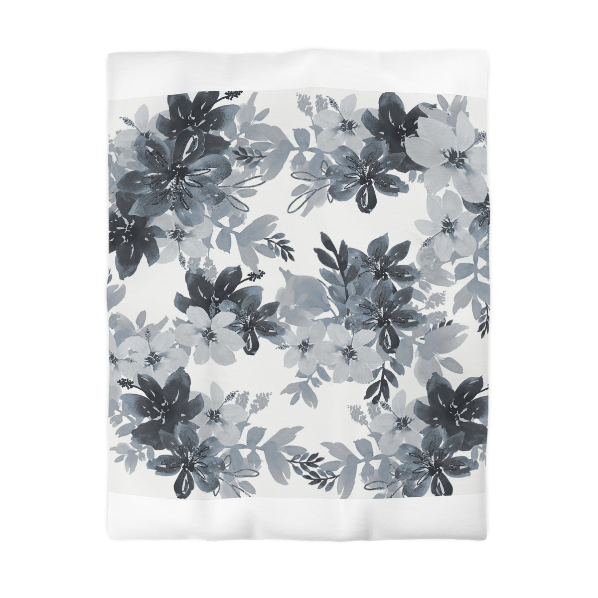 a repeating pattern of black and white flowers and leaves on a white background.