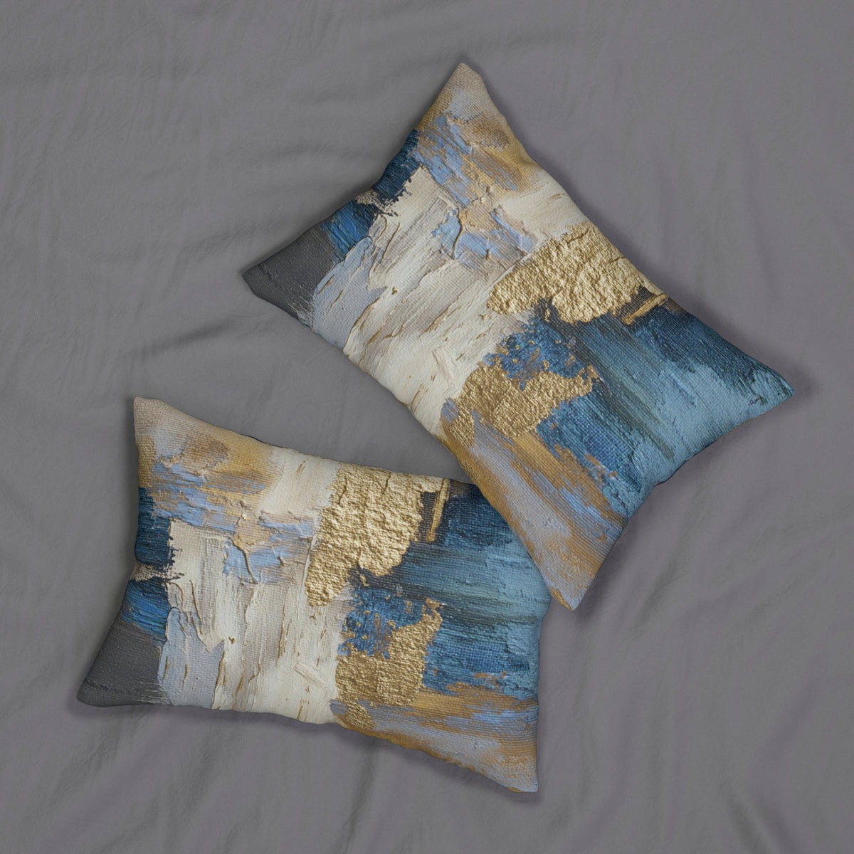 Denim Blue Ochre and Cream Textured Abstract Lumbar Pillow