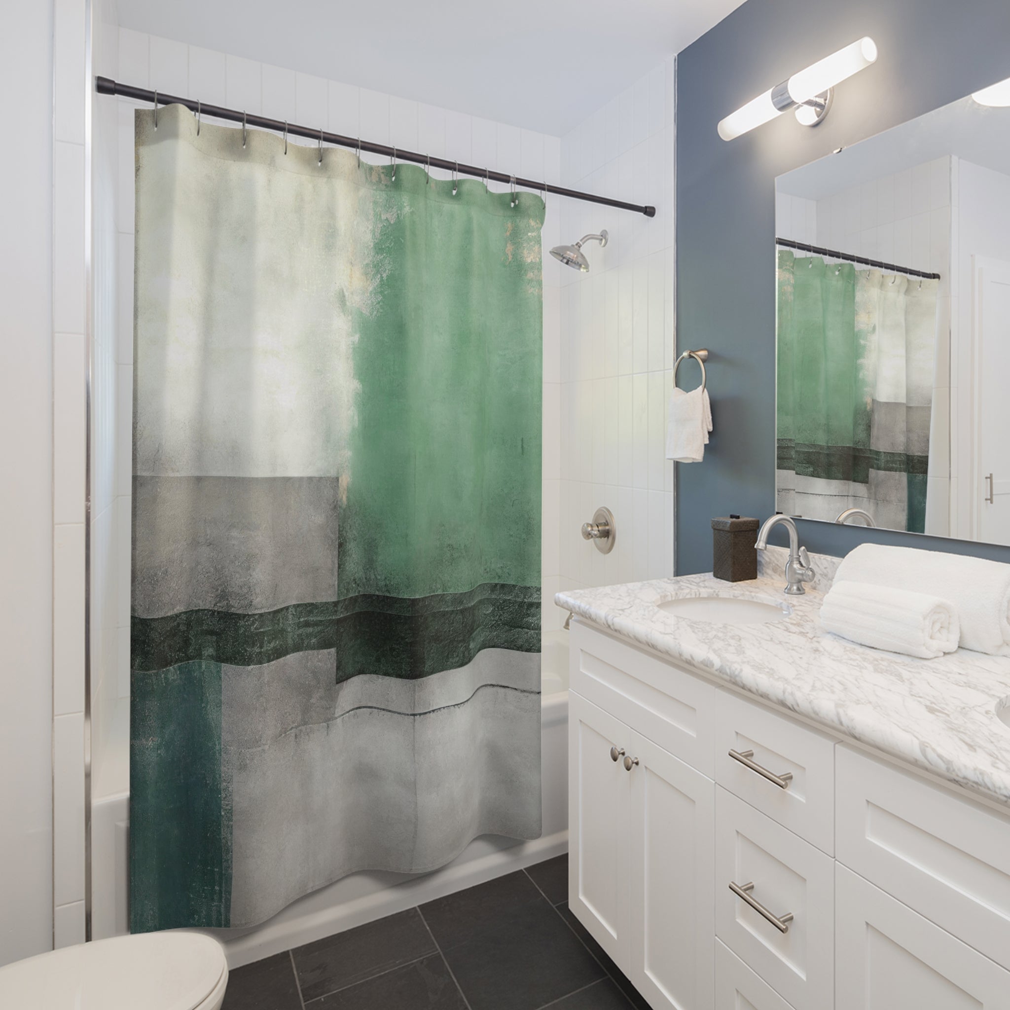 Boho Shower Curtain | Green Grey Abstract Fabric Curtain