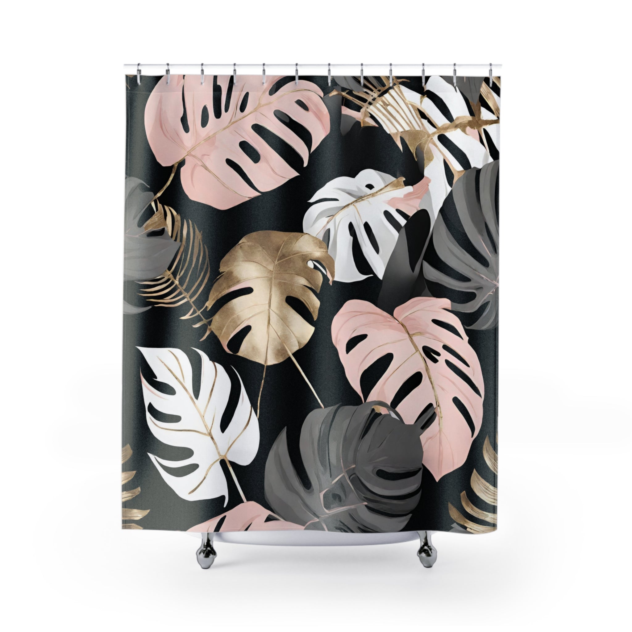 Black Floral Shower Curtain | Blush Pink White Leaves Bathroom