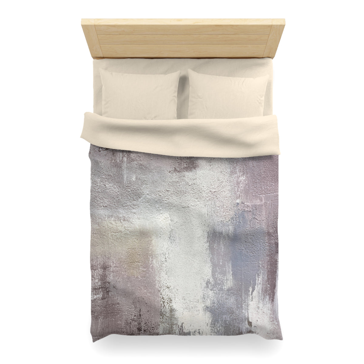 a neatly made bed with a wooden headboard and a comforter with a textured, abstract design in shades of gray and white.