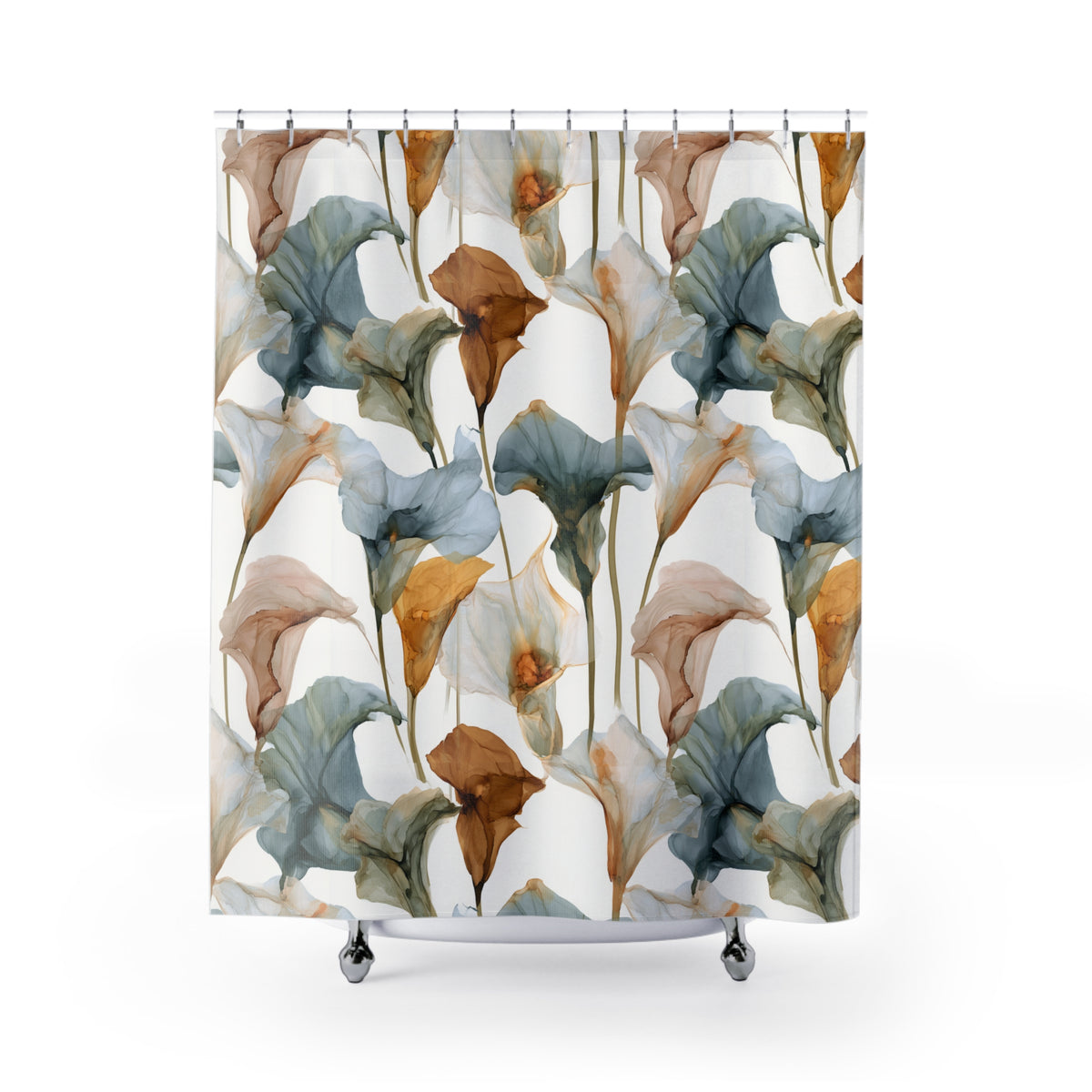 a shower curtain with a repeating pattern of colorful flowers in shades of blue, green, and orange.