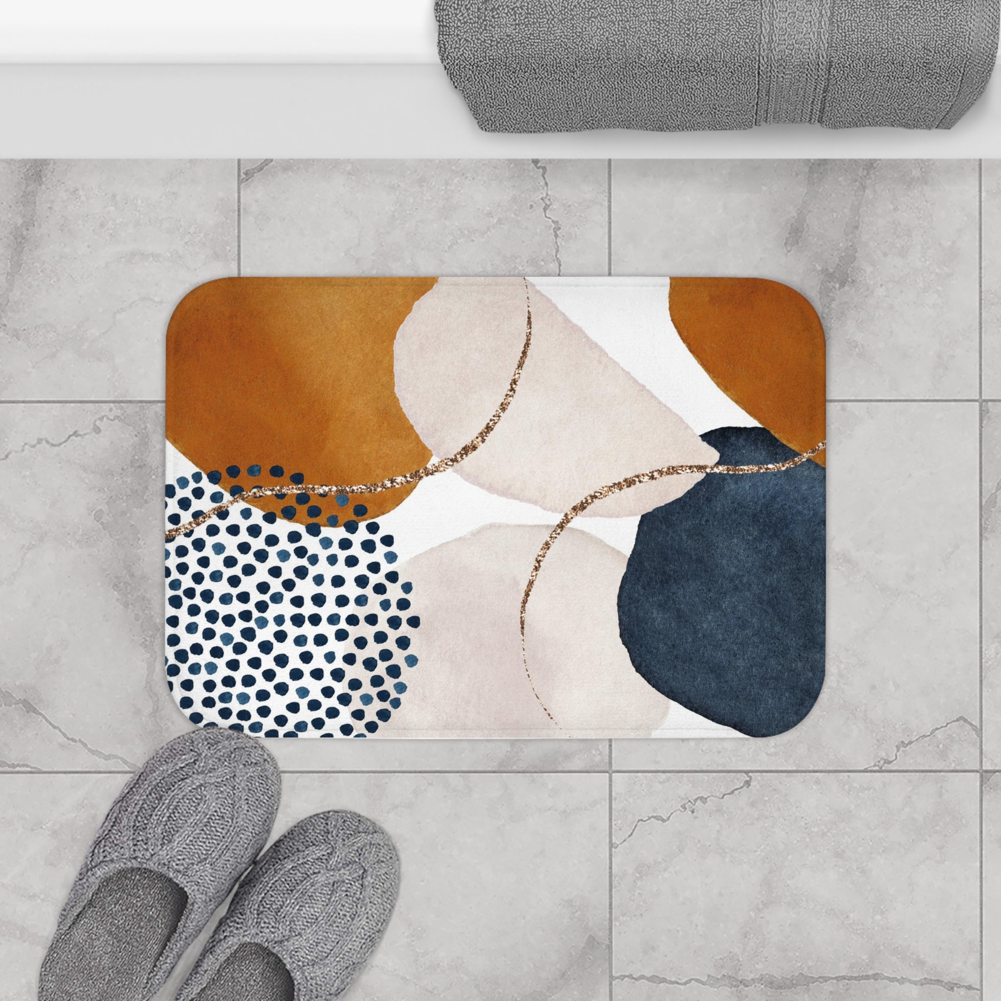 Abstract Bath Mat | Watercolor Navy Blue, Burnt Orange