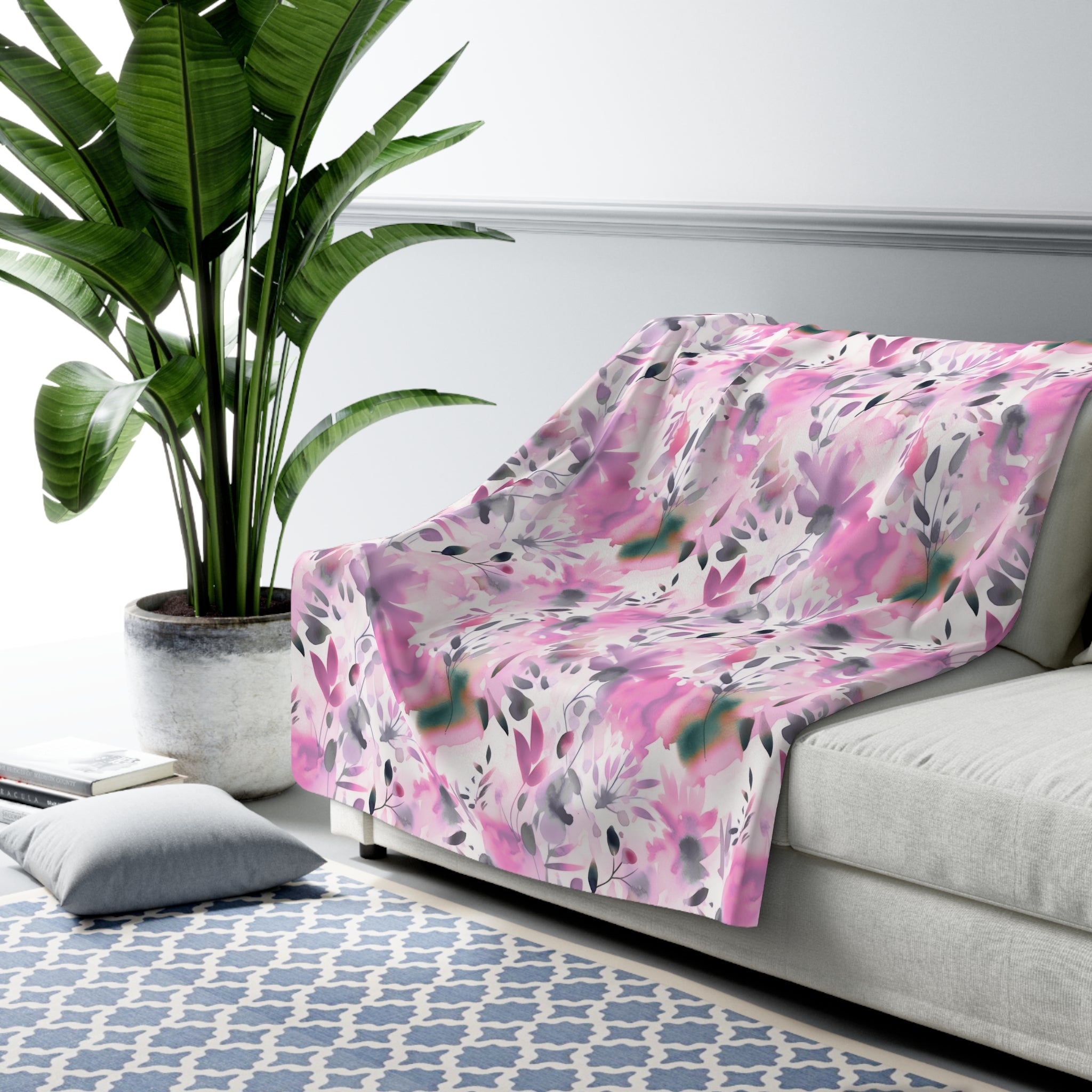 Floral Throw Blanket | White Pink Purple Green Watercolor