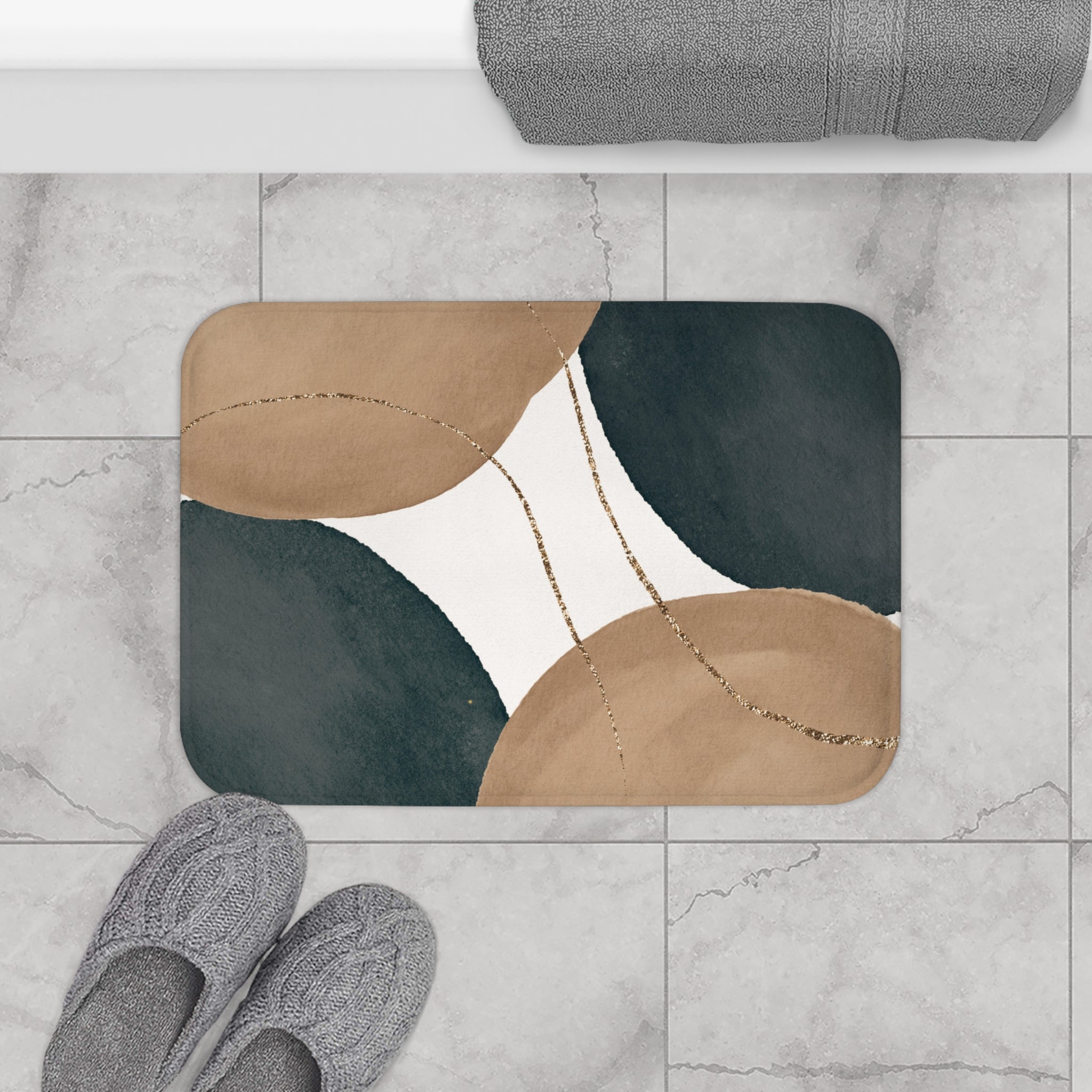 Boho Bath Mat | Mid Century Earthy, Beige Grey White Kitchen Mat