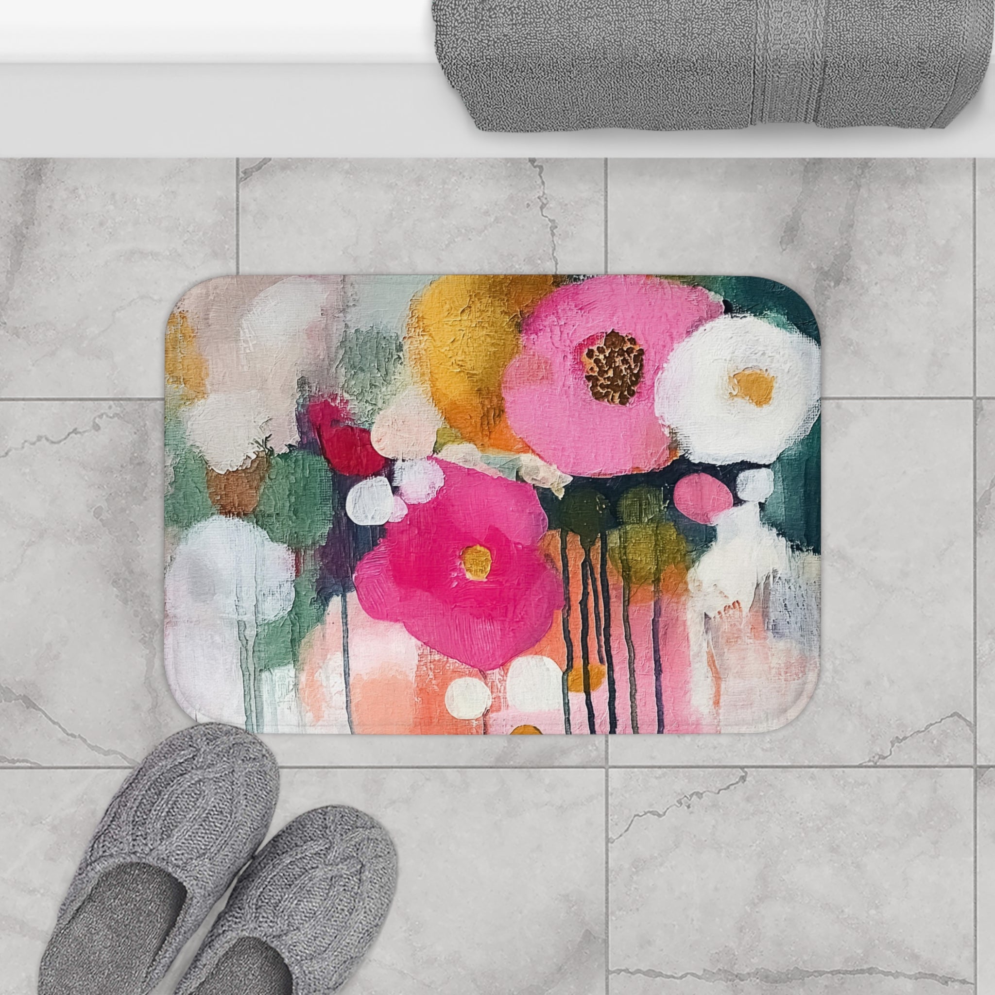 Abstract Floral Bath Mat | Pink White Teal Green Yellow Kitchen Mat
