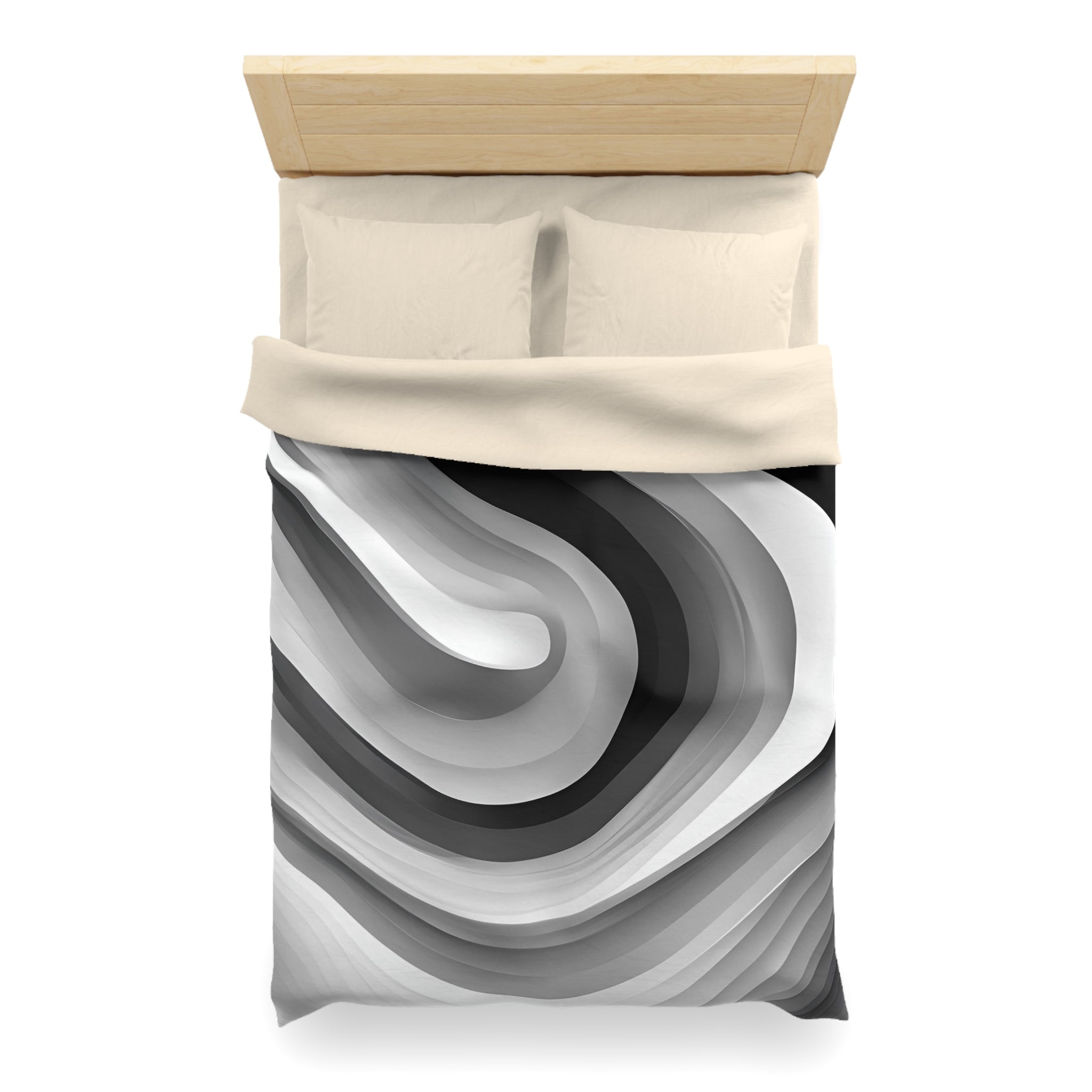 a neatly made bed with a black and white abstract patterned comforter and pillows.