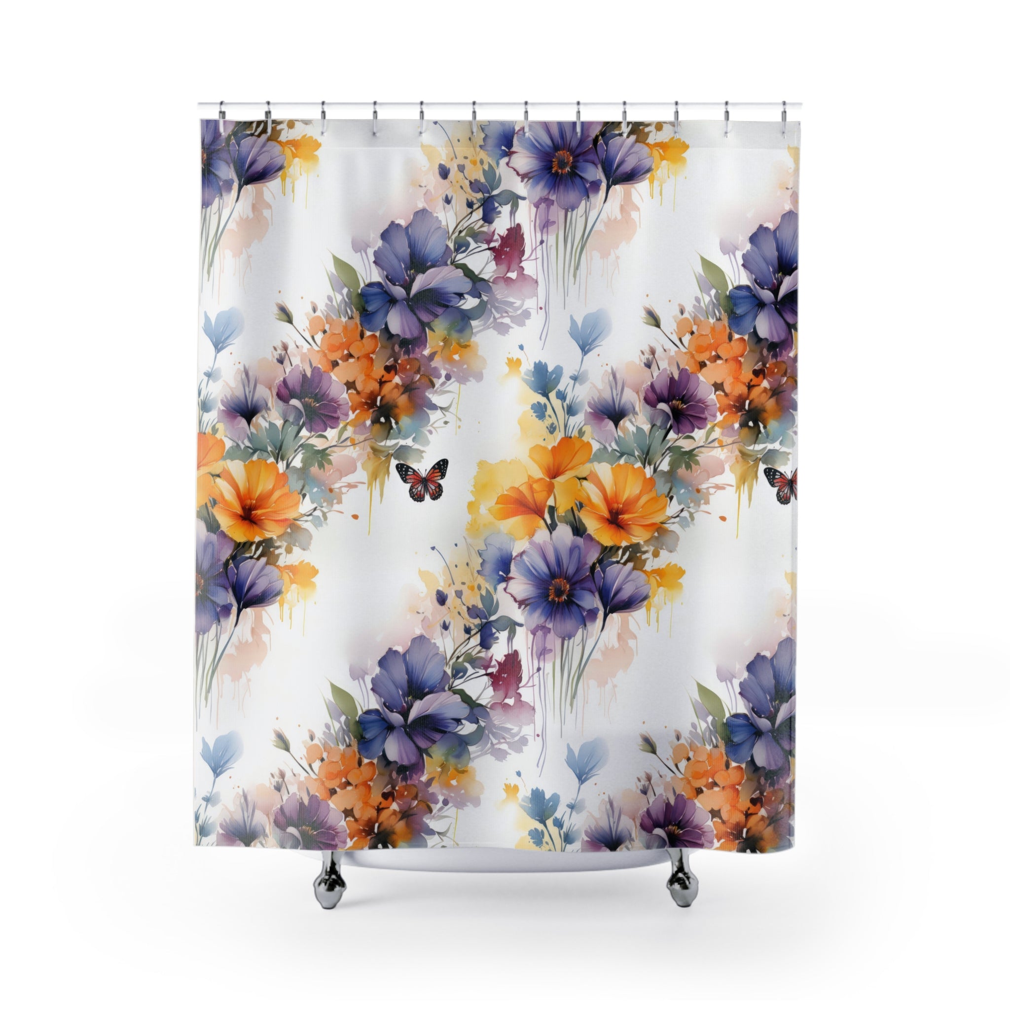 Floral Shower Curtain | White Botanical Colorful Fabric Curtain