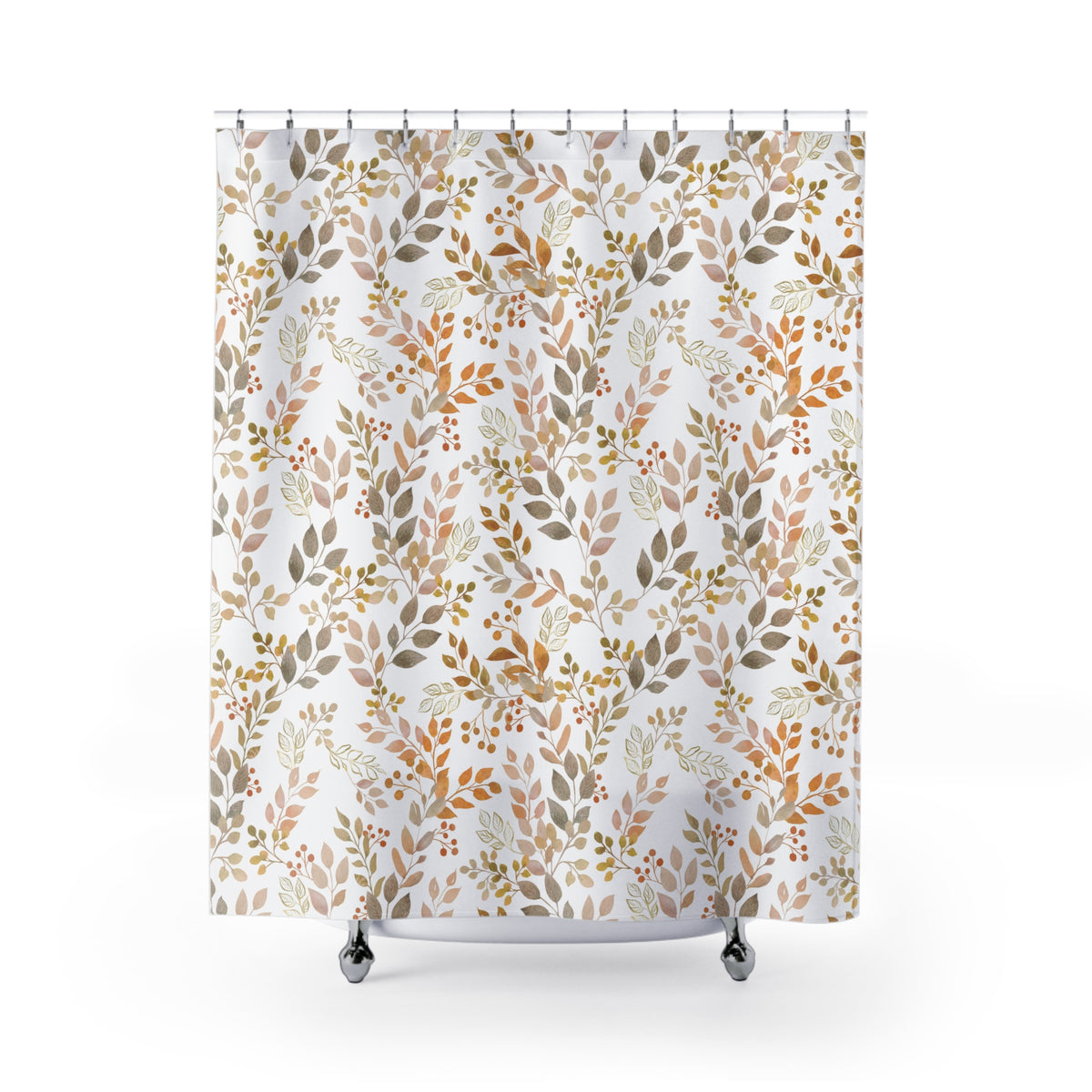 A white shower curtain with a repeating pattern of leaves and berries in shades of brown, orange, and green.