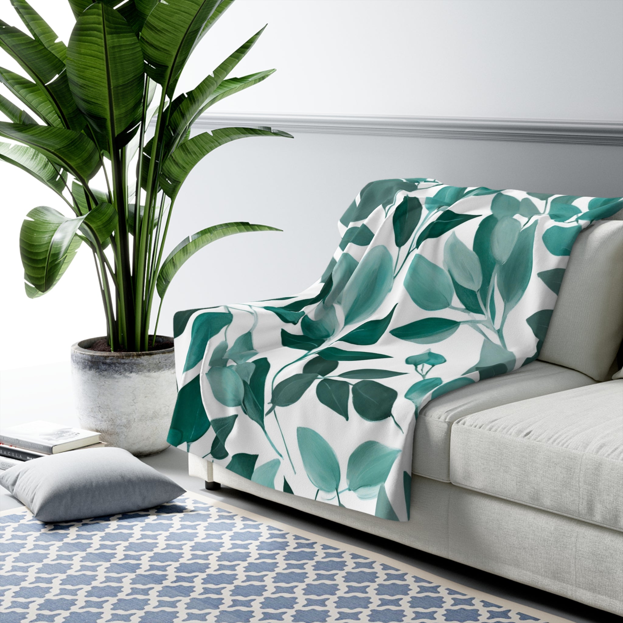 Floral Throw Blanket | White Mint Teal Green Leaves