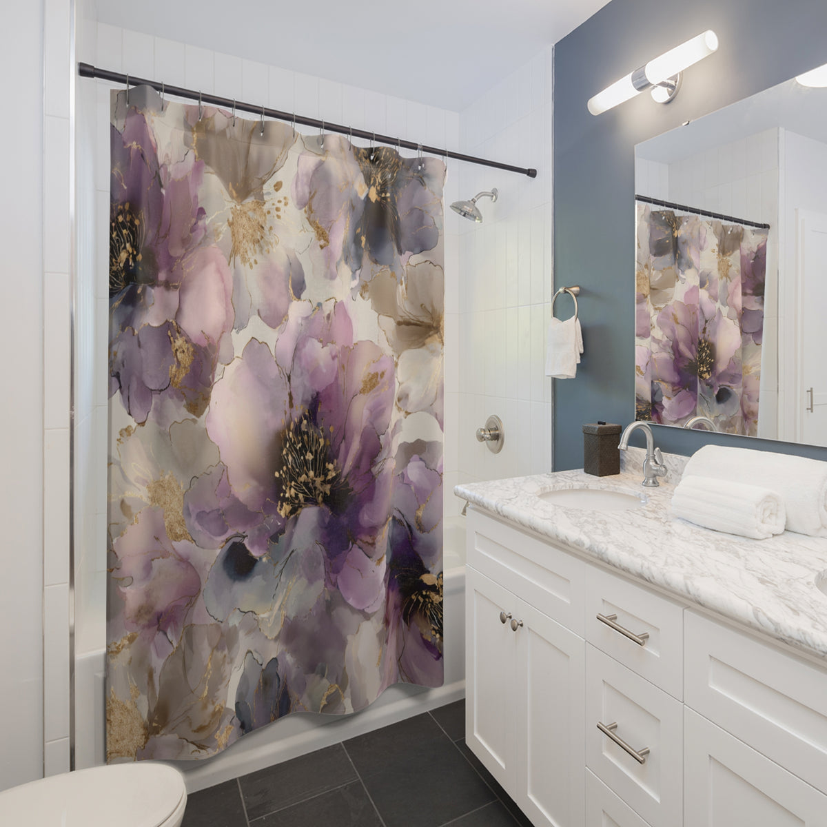 a modern bathroom with a white vanity, a shower curtain with a floral pattern, and a mirror above the vanity.