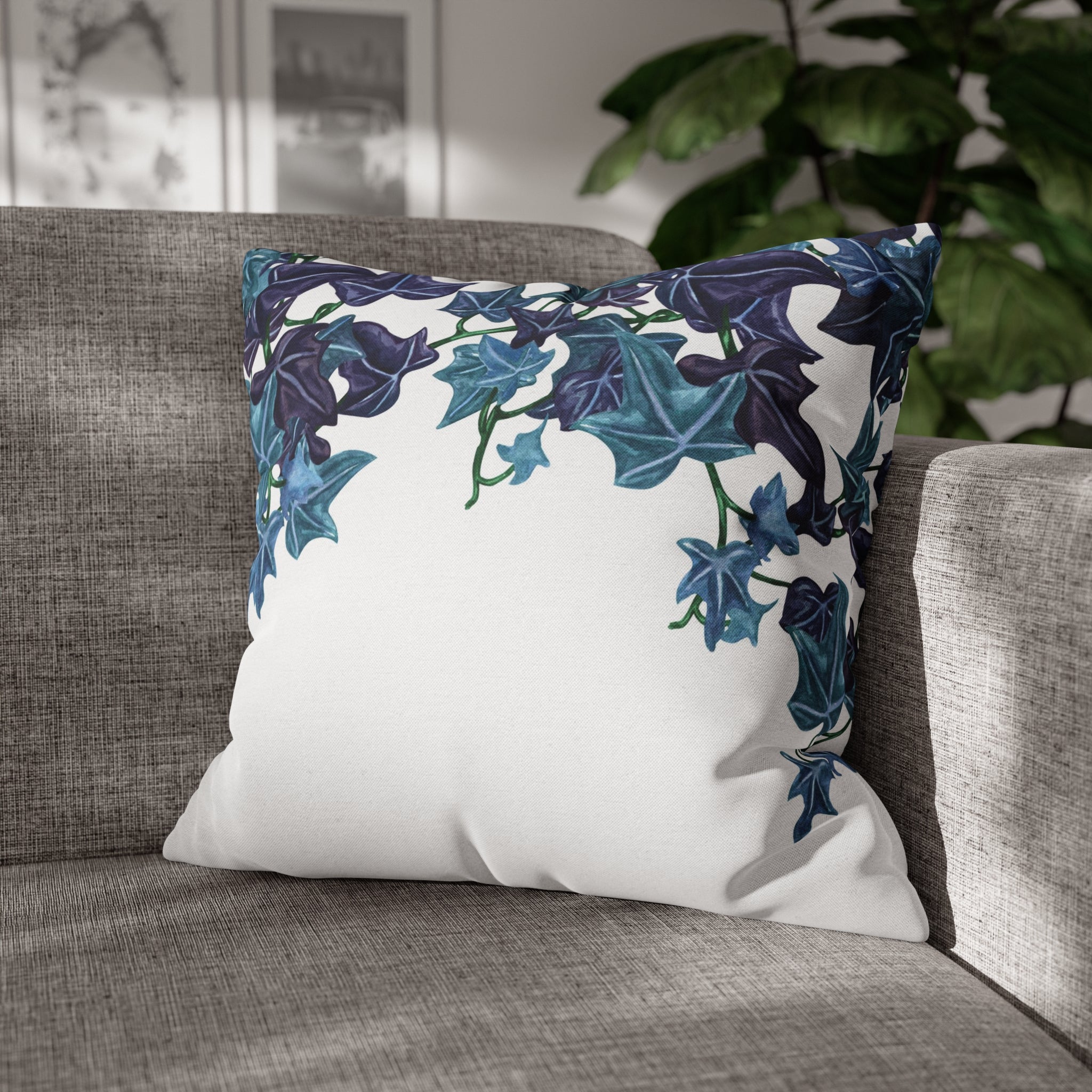 Floral Pillow Cover | White Blue Vine Leaves