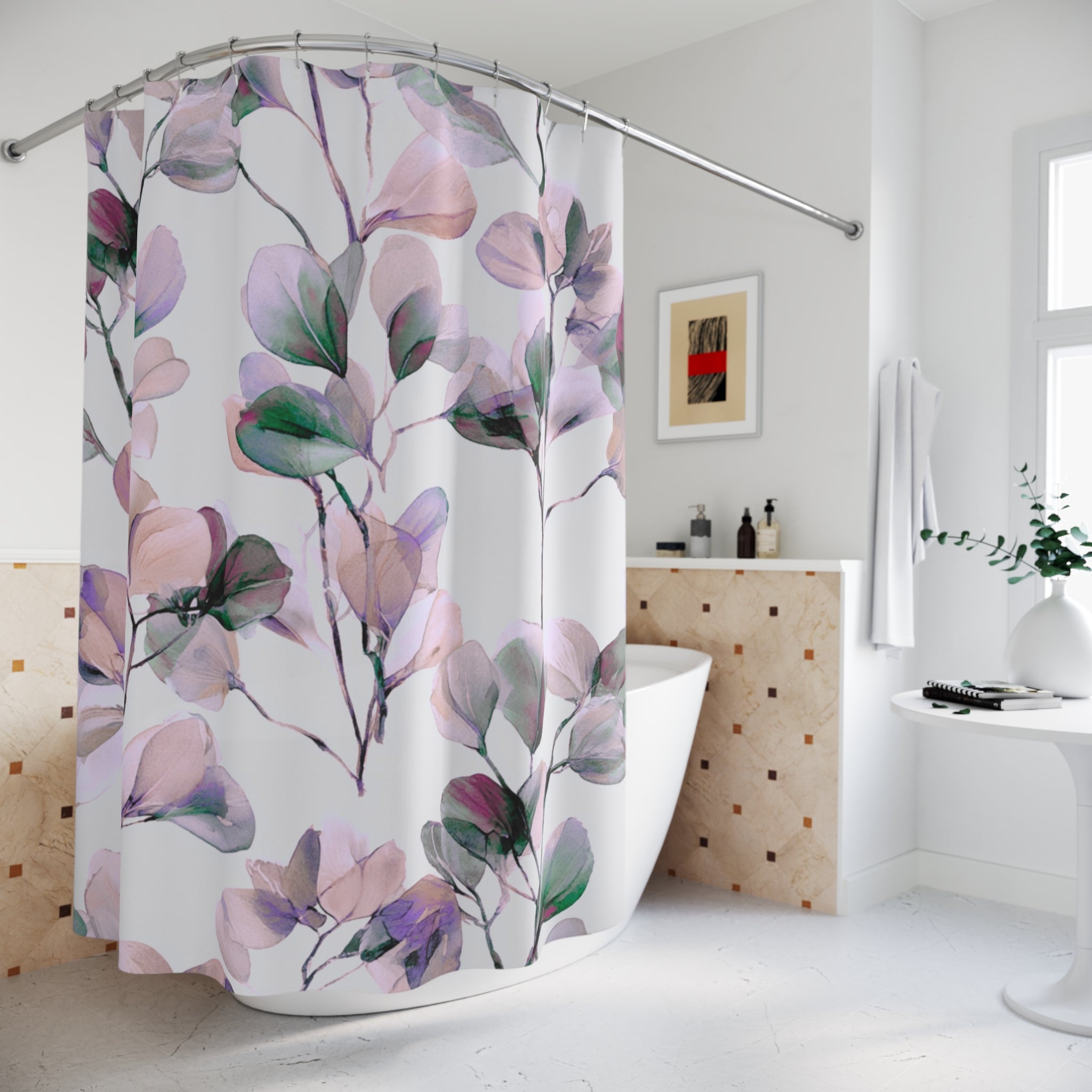 Floral Shower Curtain | Pink Green Leaves, Spa Bathroom Decor