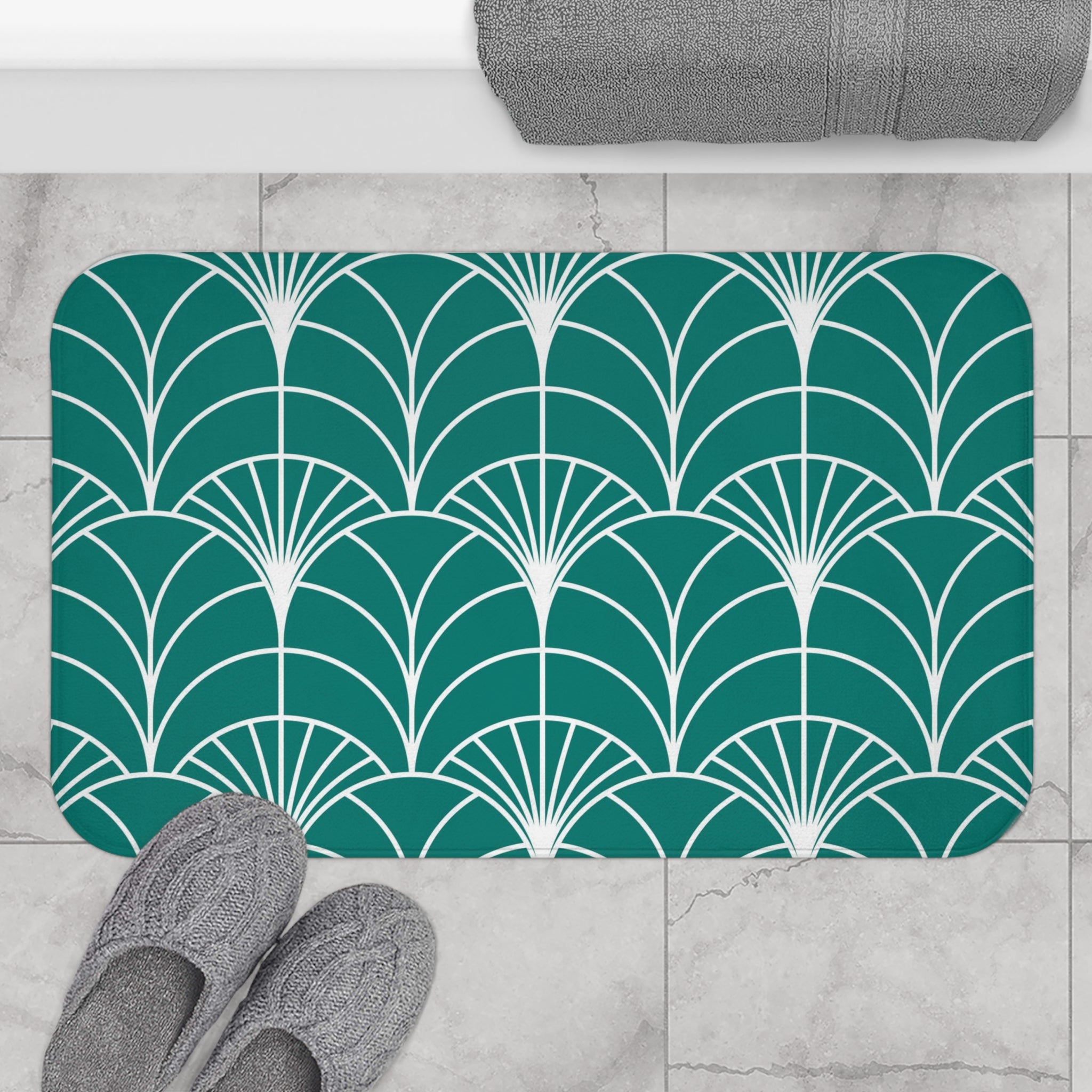 Boho Bath, Kitchen Mat | Art Deco Sea Green White