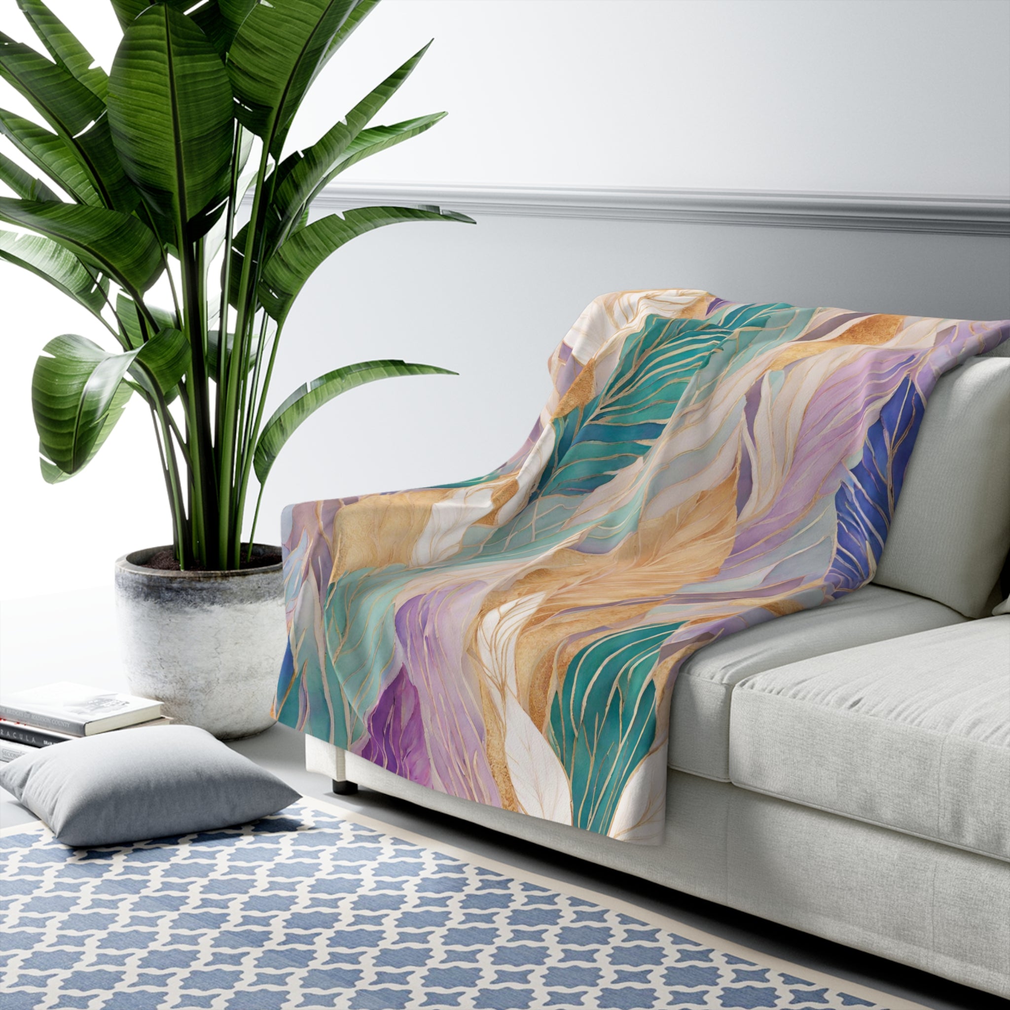 Floral Throw Blanket | Teal Green, Beige Lavender Pink