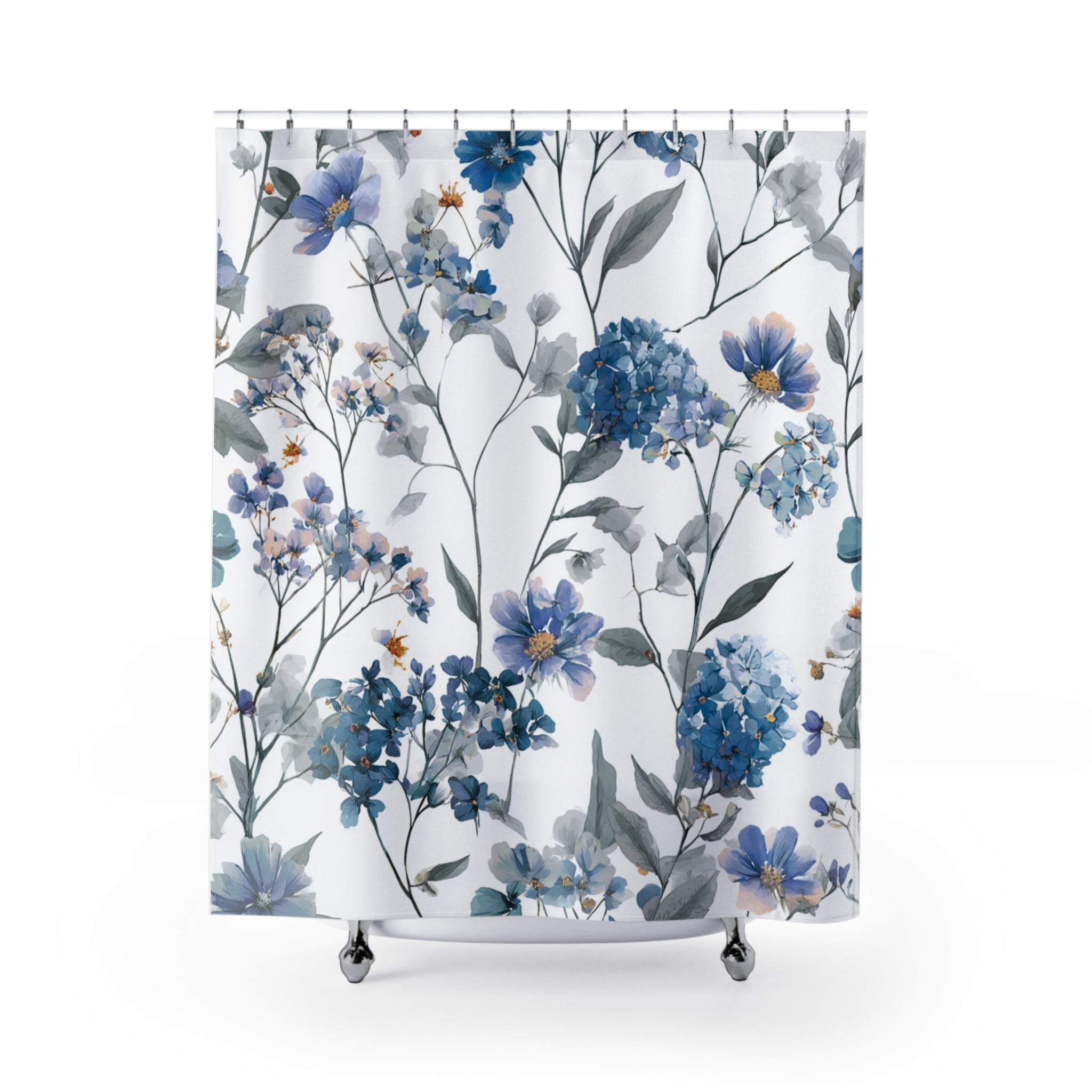 a shower curtain with a floral pattern of blue flowers and leaves.