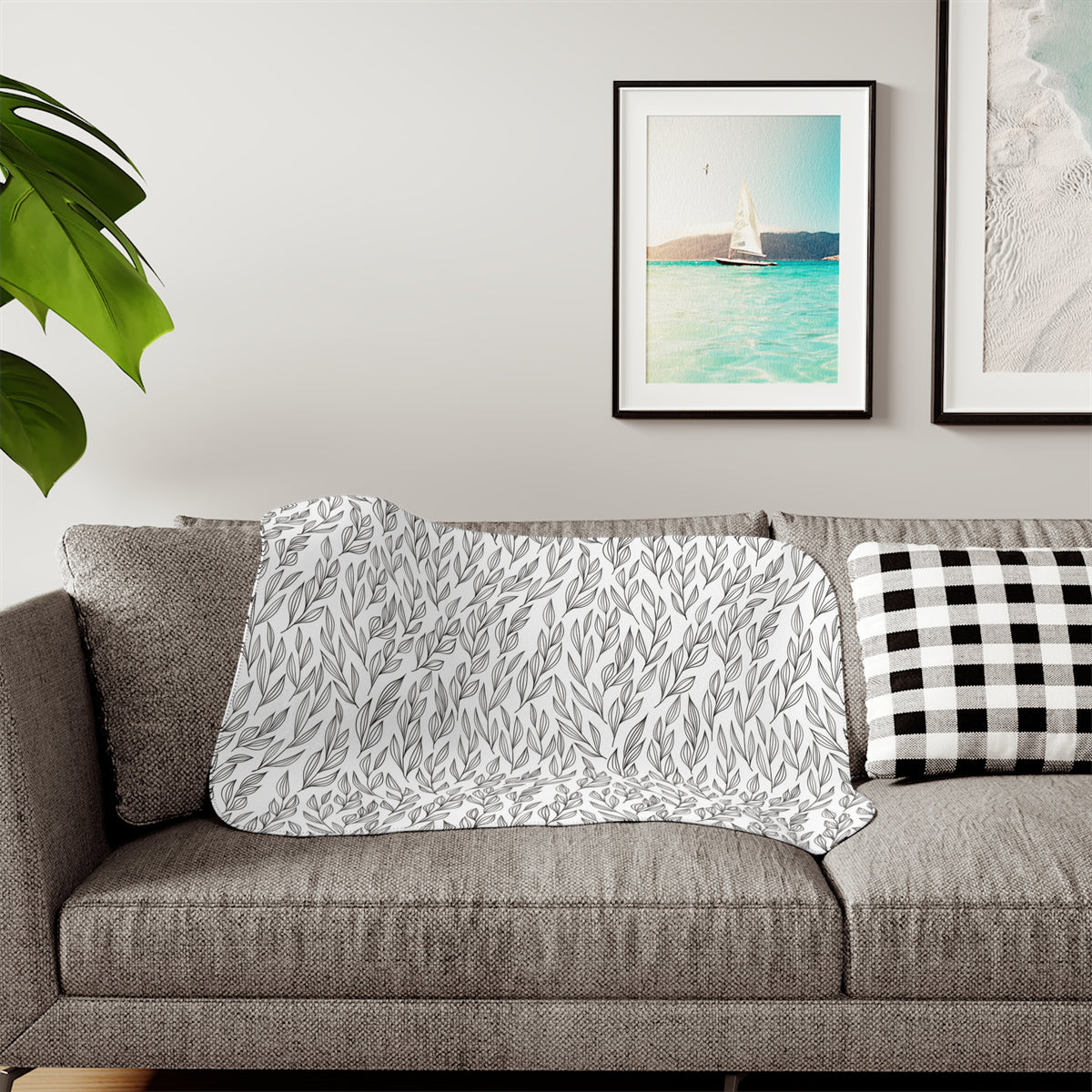 Black White Willow Leaf Sherpa Blanket | Minimalist Line Throw