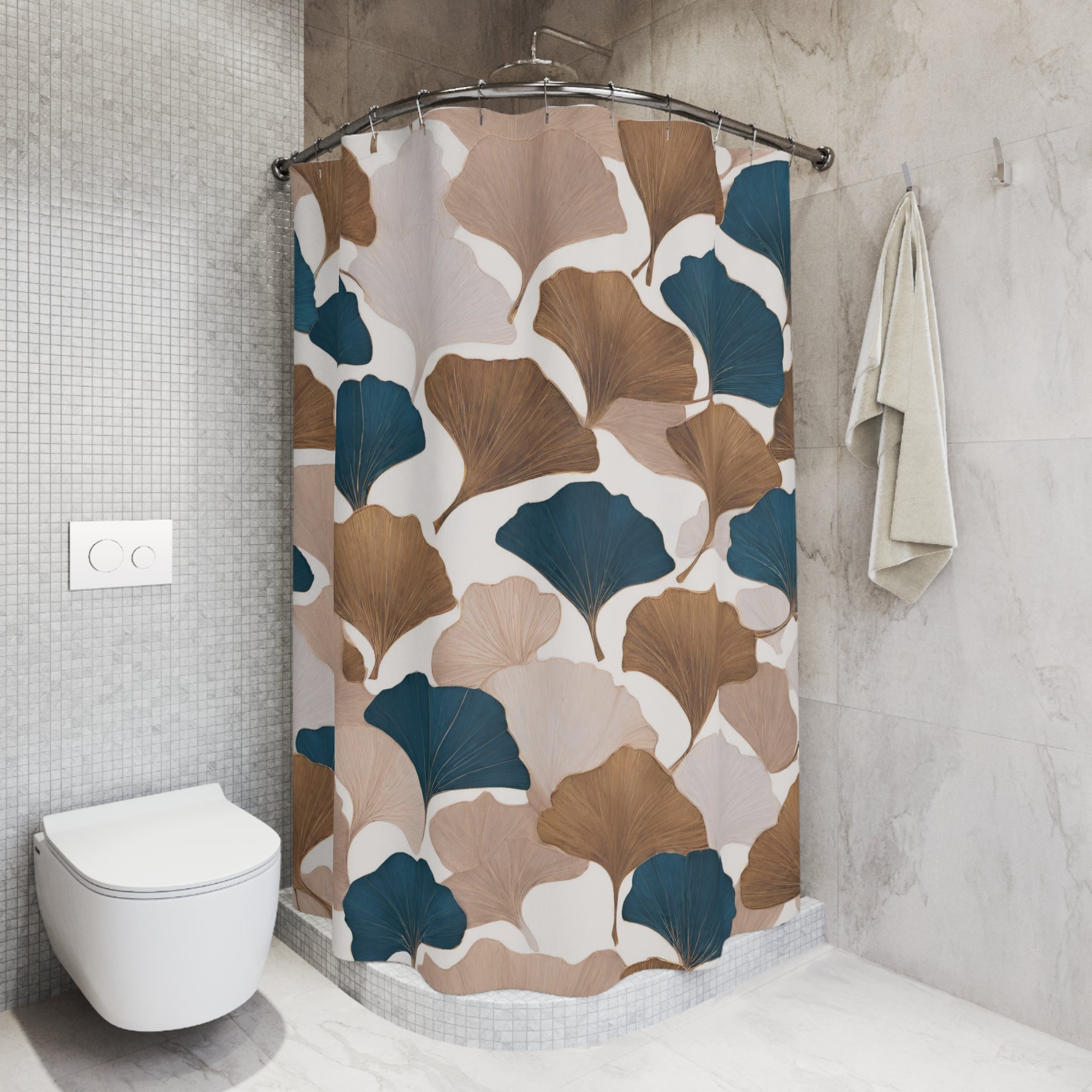 Ginko Floral Shower Curtain | Beige Navy Blue Bathroom