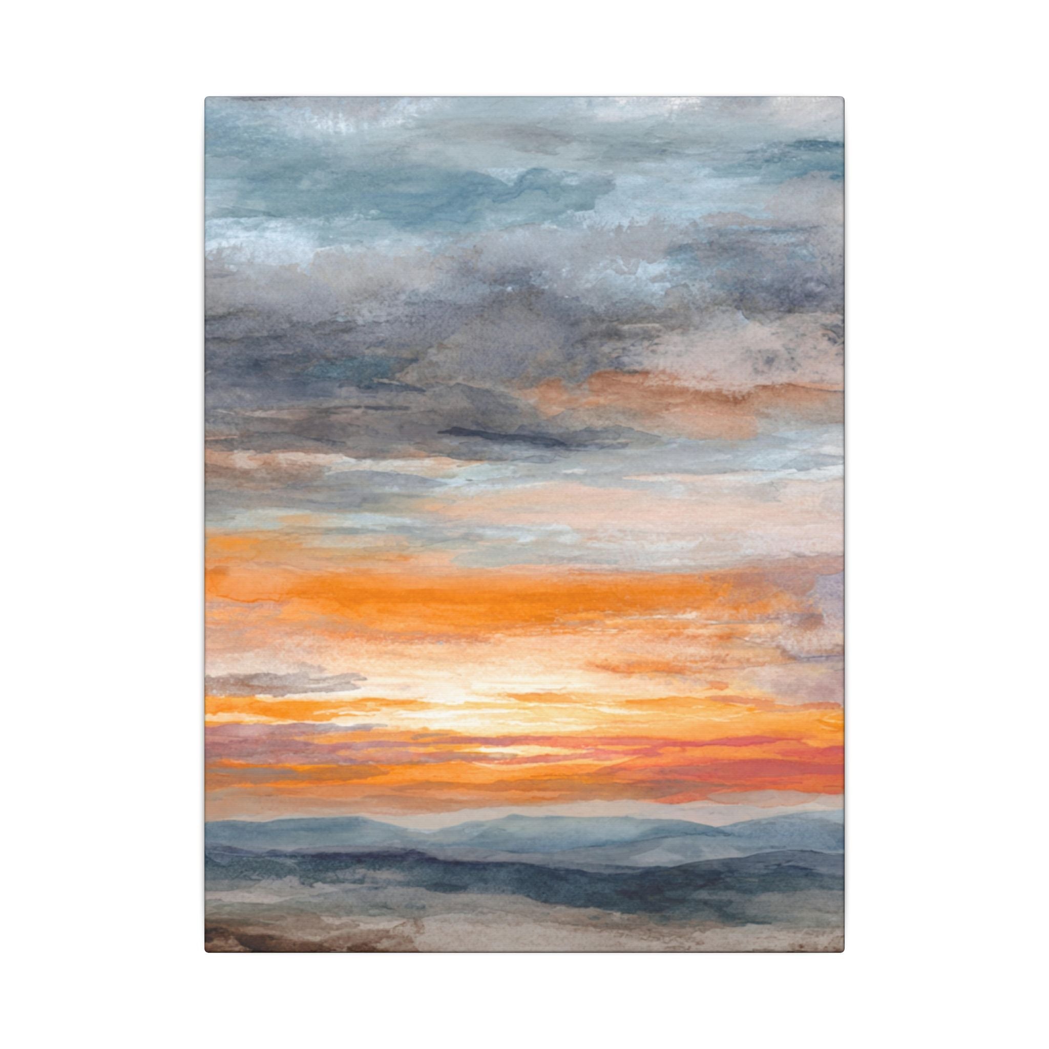 a serene landscape with a vibrant sunset over a mountainous terrain.