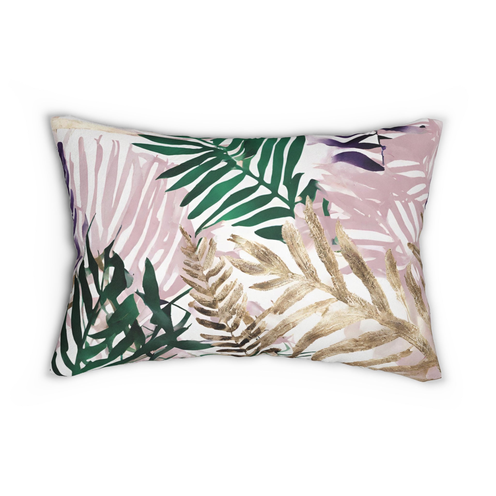 Emerald green and pink floral lumbar pillow styled on a sofa