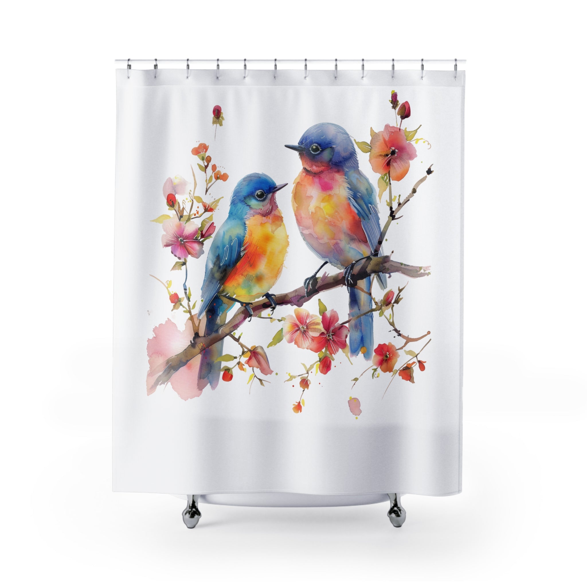 Bird Shower Curtain | Colorful Canaries, White Bath Curtain