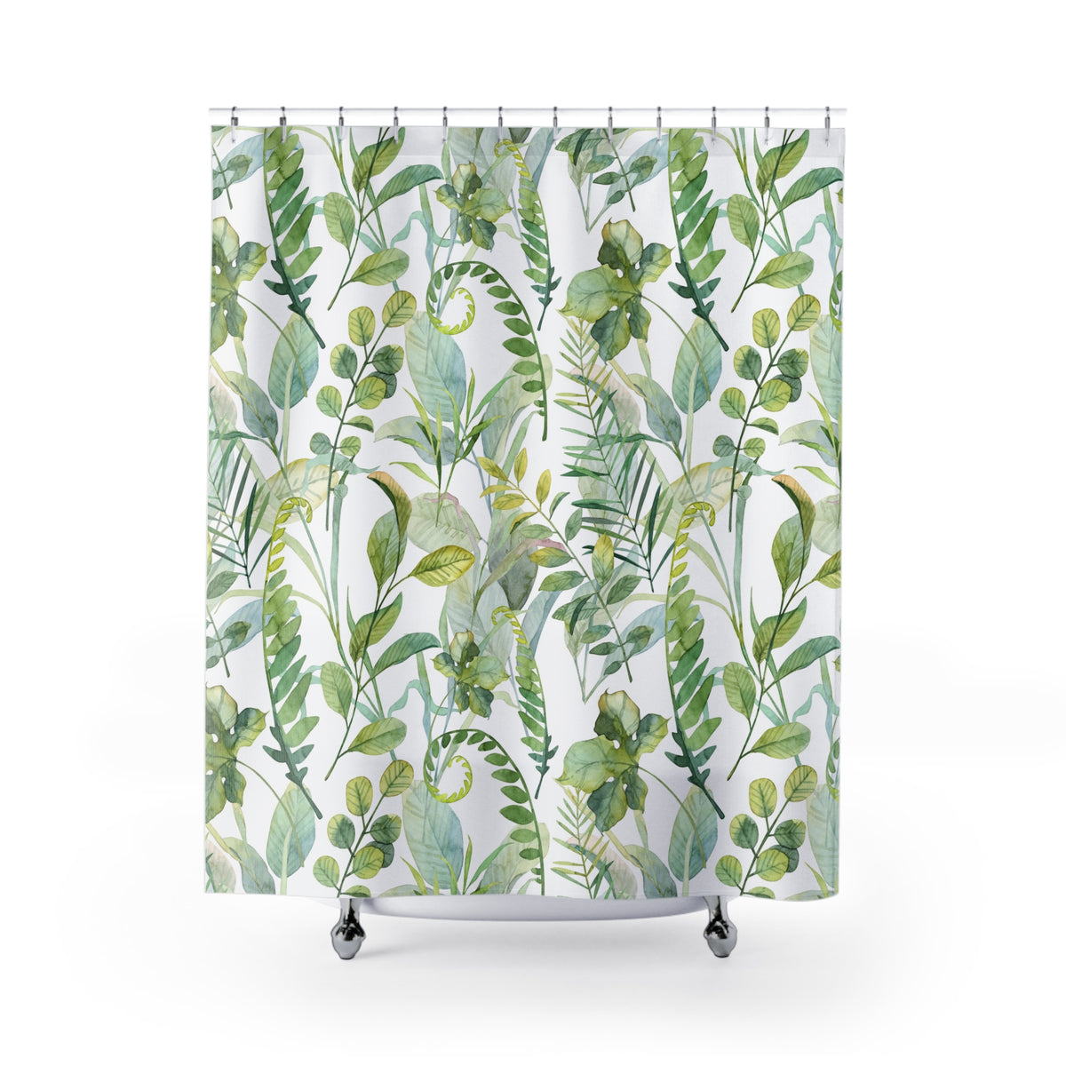 a shower curtain with a repeating pattern of green leaves and plants, creating a lush and natural appearance.