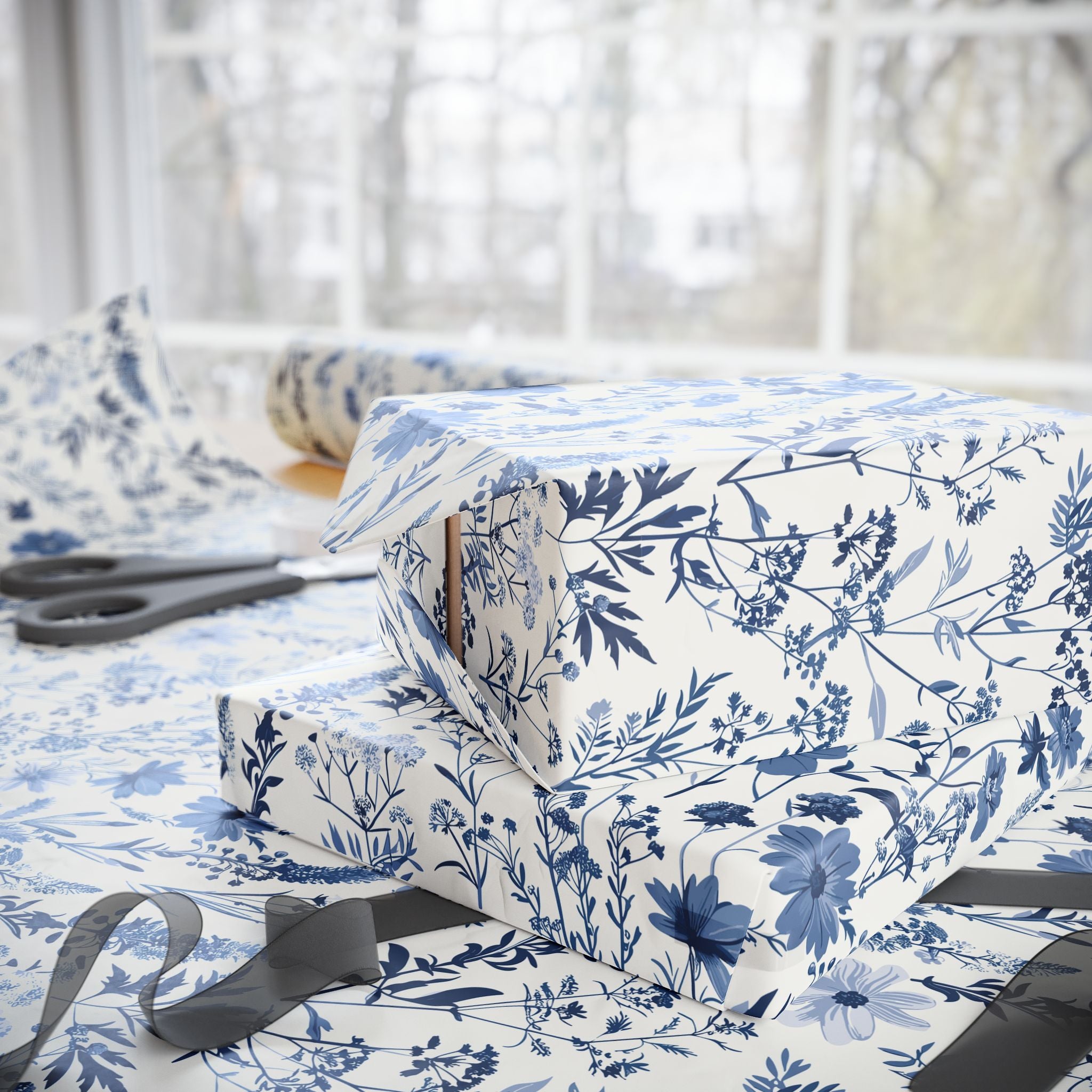Floral Wrapping Papers, Blue Wildflowers Botanical Gift Wrapping for the Holidays, Birthdays