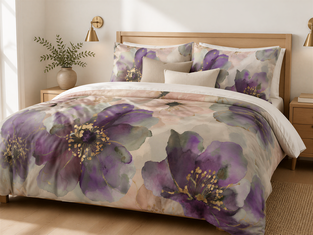 a bedroom with a large bed adorned with a floral comforter and pillows. The bed is positioned against a wall, with a nightstand and lamp nearby. The room has a warm and inviting atmosphere, with a rug on the floor and a potted plant adding a touch of greenery to the space.