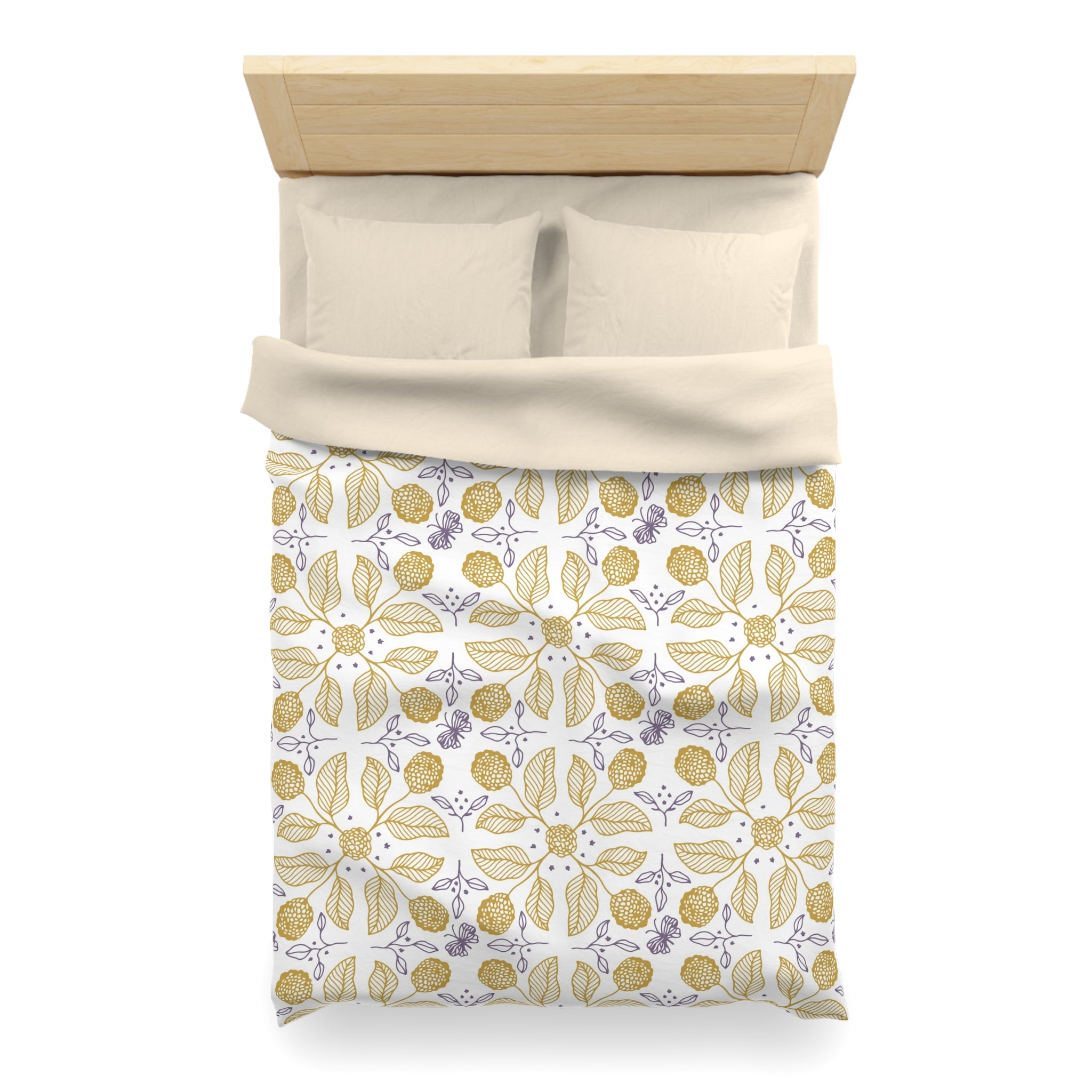a neatly made bed with a white comforter and a patterned bedspread featuring a floral design in shades of yellow and purple.