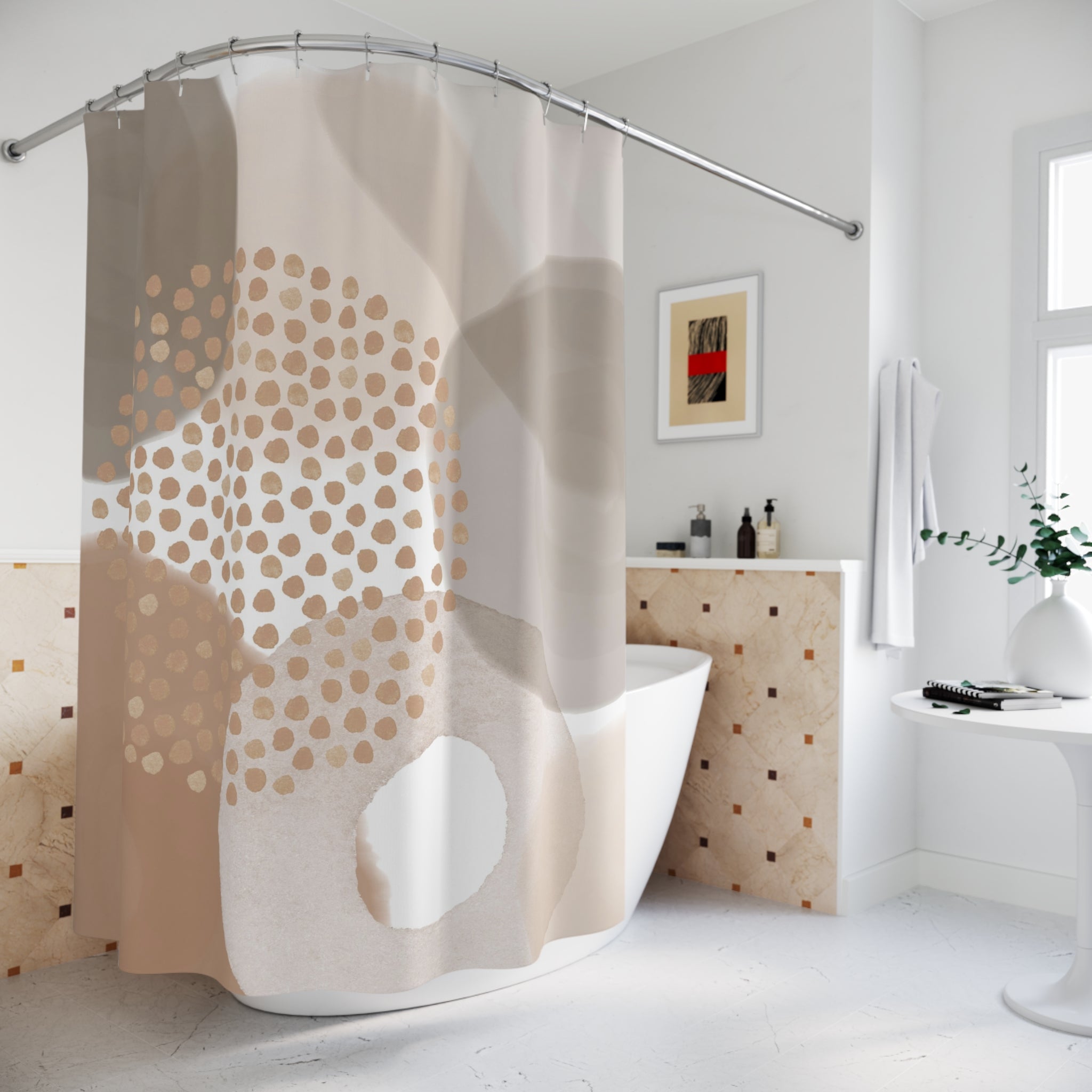 Boho Shower Curtain | Mid Century Beige Blush Fabric Curtain