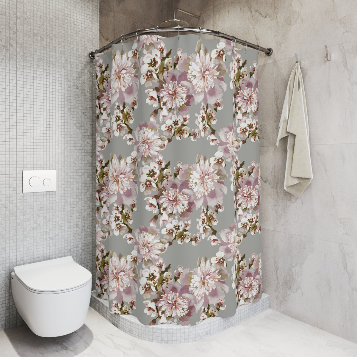 Grey Blush Cherry Blossom Shower Curtain, Bath Curtain 71x74