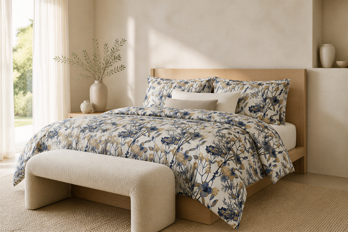 a serene and well-decorated bedroom with a large bed, a white bench, and a vase of greenery.