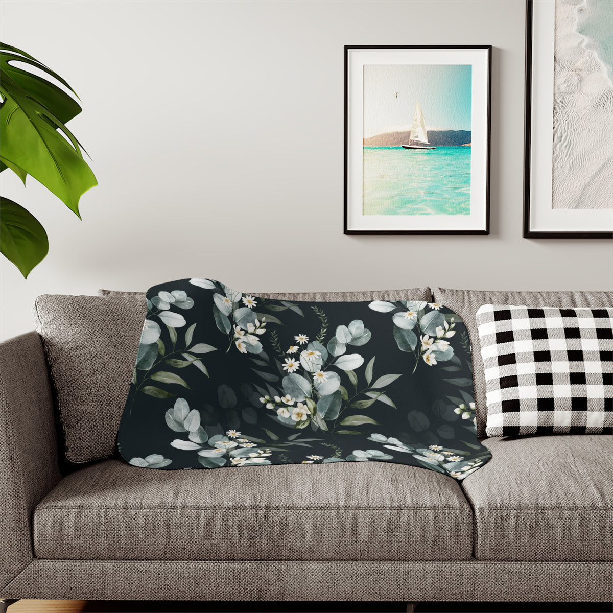 Moody Sage Eucalyptus Daisy Sherpa Blanket | Charcoal Botanical Throw