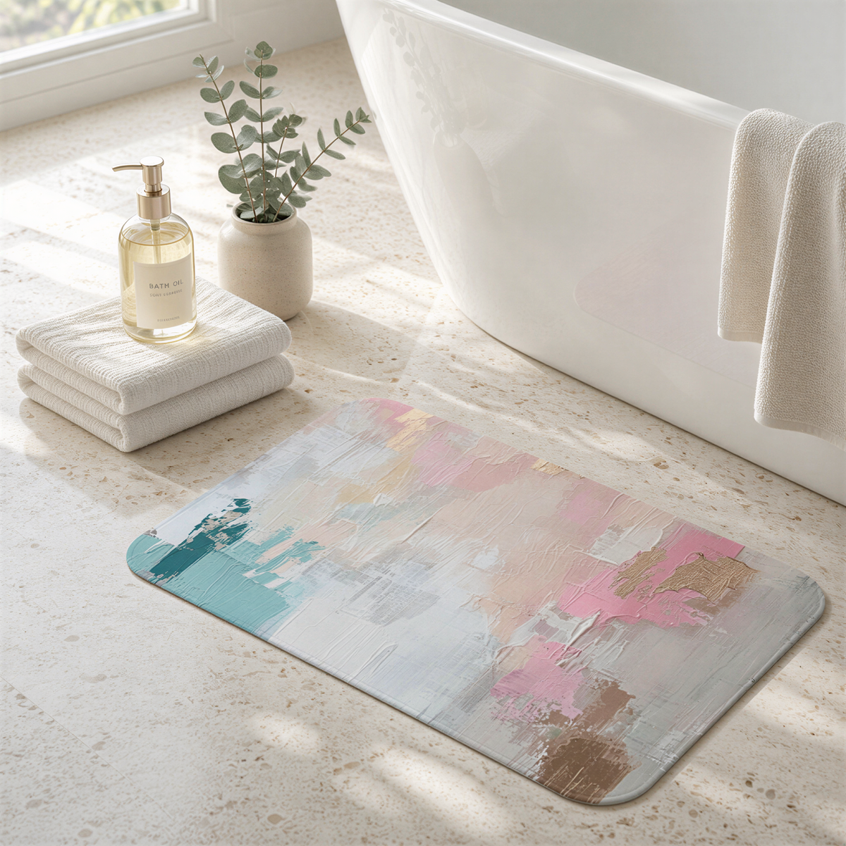a bathroom scene with a white bathtub, a colorful abstract bath mat, a bottle of soap, and a potted plant.
