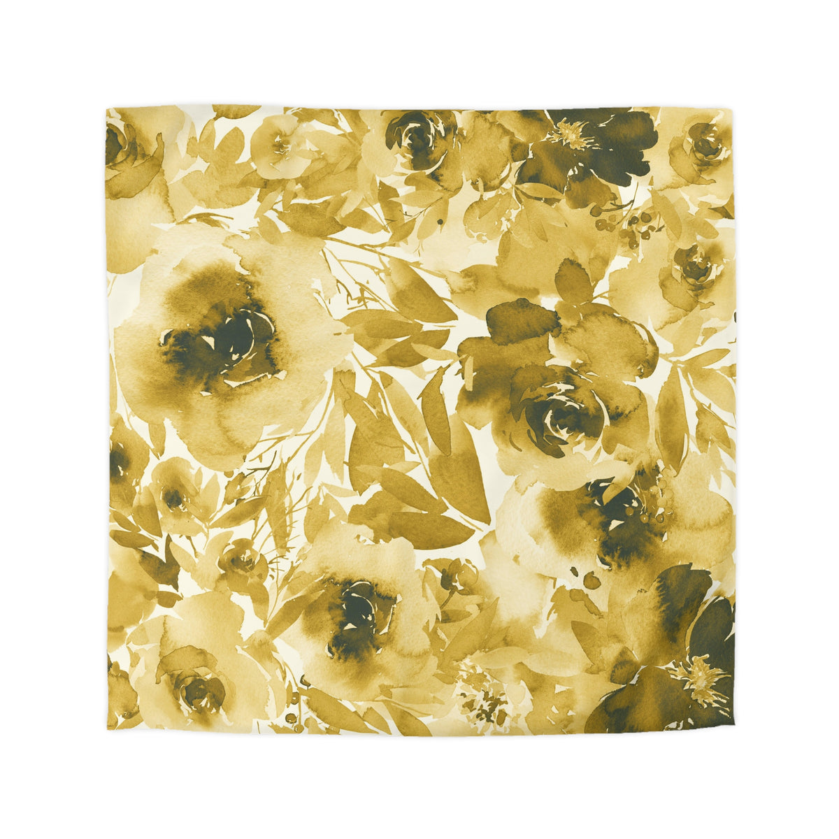 a square-shaped floral print with a repeating pattern of yellow and black flowers and leaves.