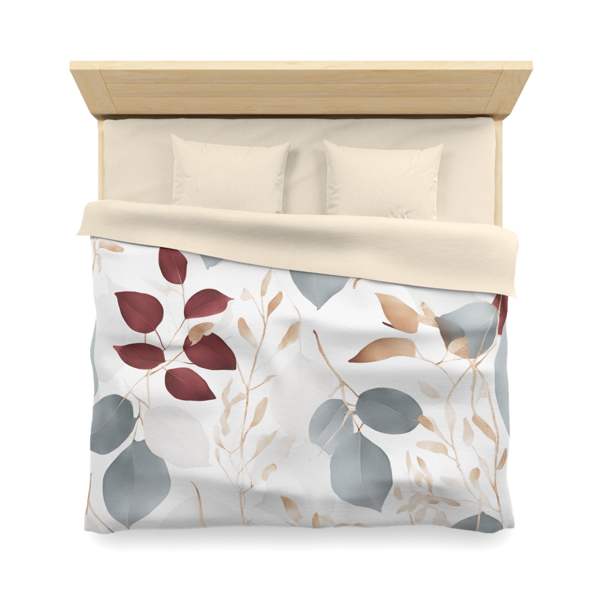 Floral Duvet Cover | Blue Grey, White Burgundy, Beige Eucalyptus Leaves Bedding Decor | Bedroom Decor